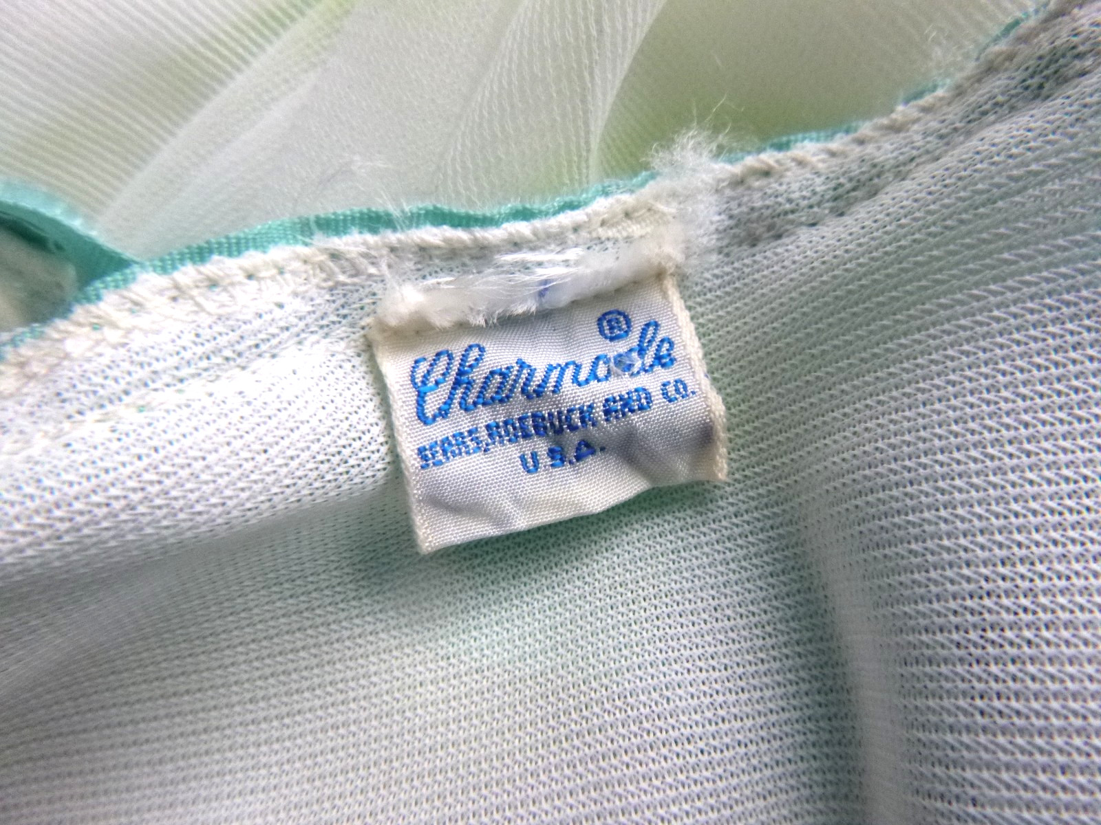 Vtg 50s Charmode Double Layer Chiffon Nylon Nightgown White Green Blue Dots S/M