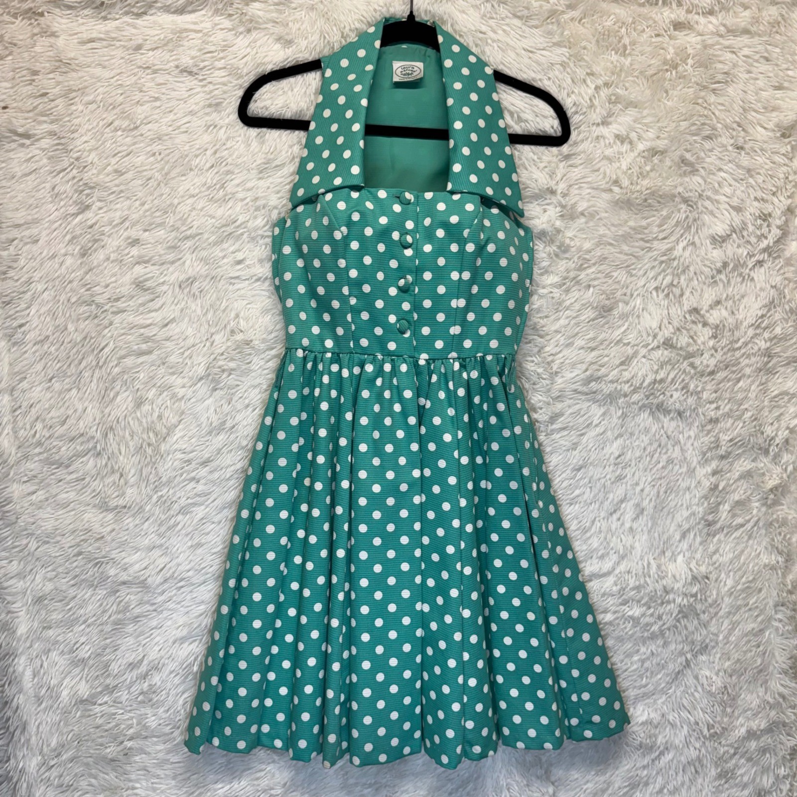 Vintage Laura Ashley Polka Dot Halter Dress Teal Green White Fit Flare Women&rsquo;s 6