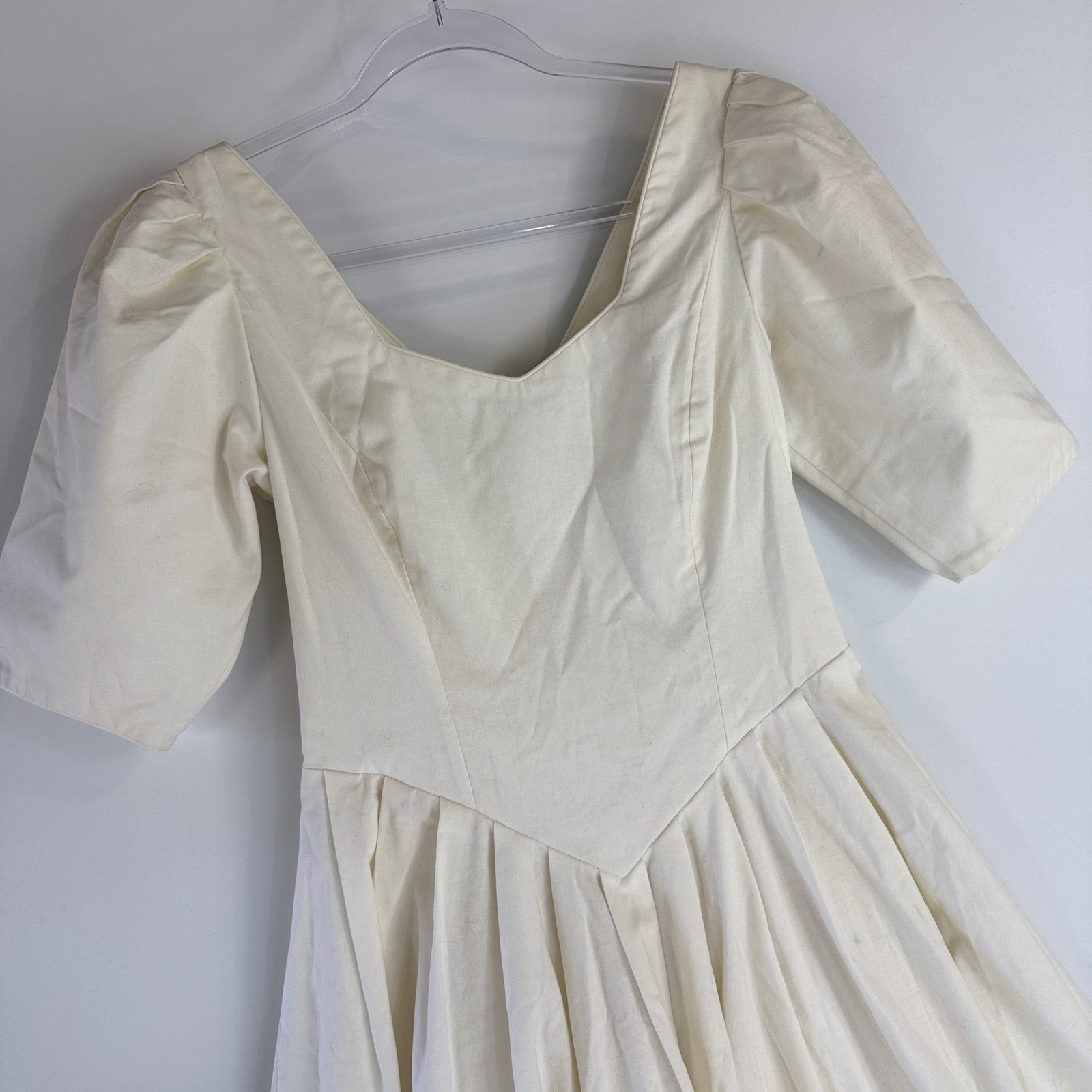 Laura Ashley Dress Womens 10 Cream Vintage 80s Cotton Puff Sleeve Midi V-Neck