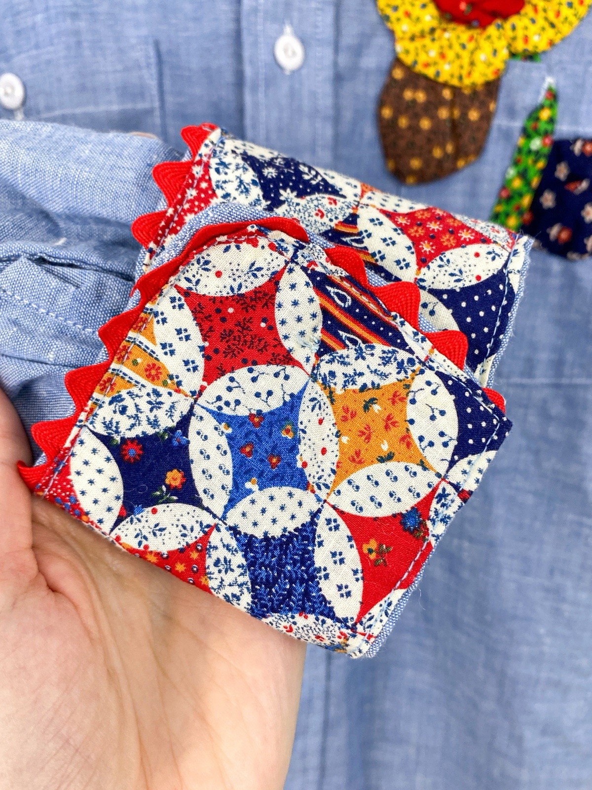VTG 70s Chambray Patchwork Shirt Calico Flower Strawberry Applique RickRack L