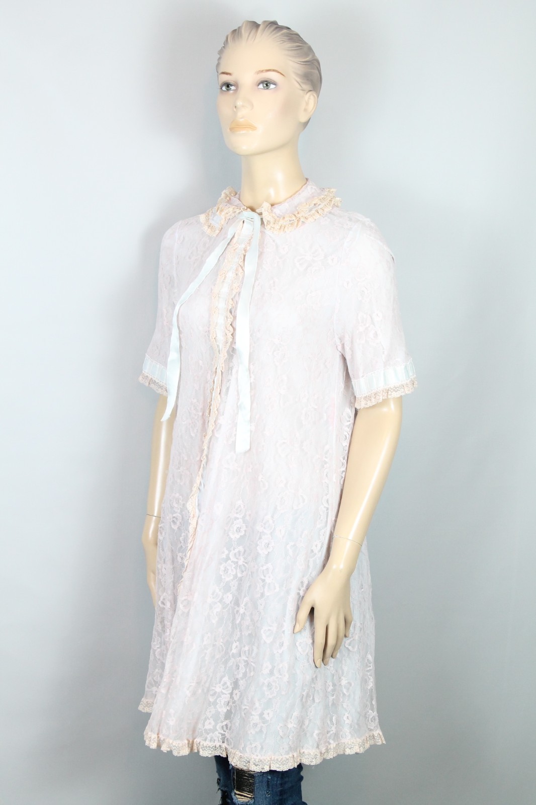 Vtg ODETTE BARSA Blue Pink Ruffles Layered Lace Bed Jacket Dress Robe S