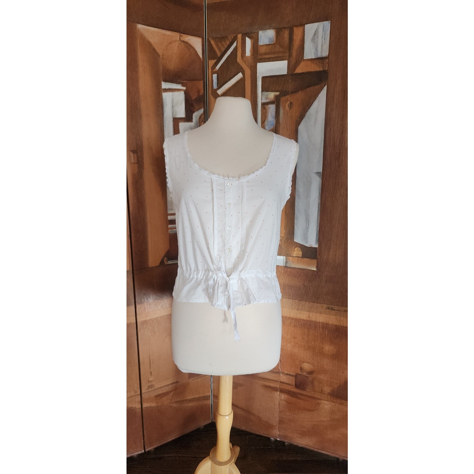 Vintage 80s Laura Ashley White Cotton Eyelet Sleeveless Top Red Micro Polka Dot