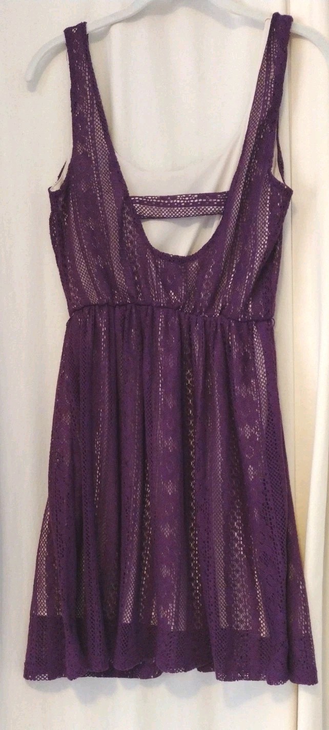 EUC Y2K Sequin Hearts Purple Lined Crochet Lace Stretch Dress Jr Sz M #CL