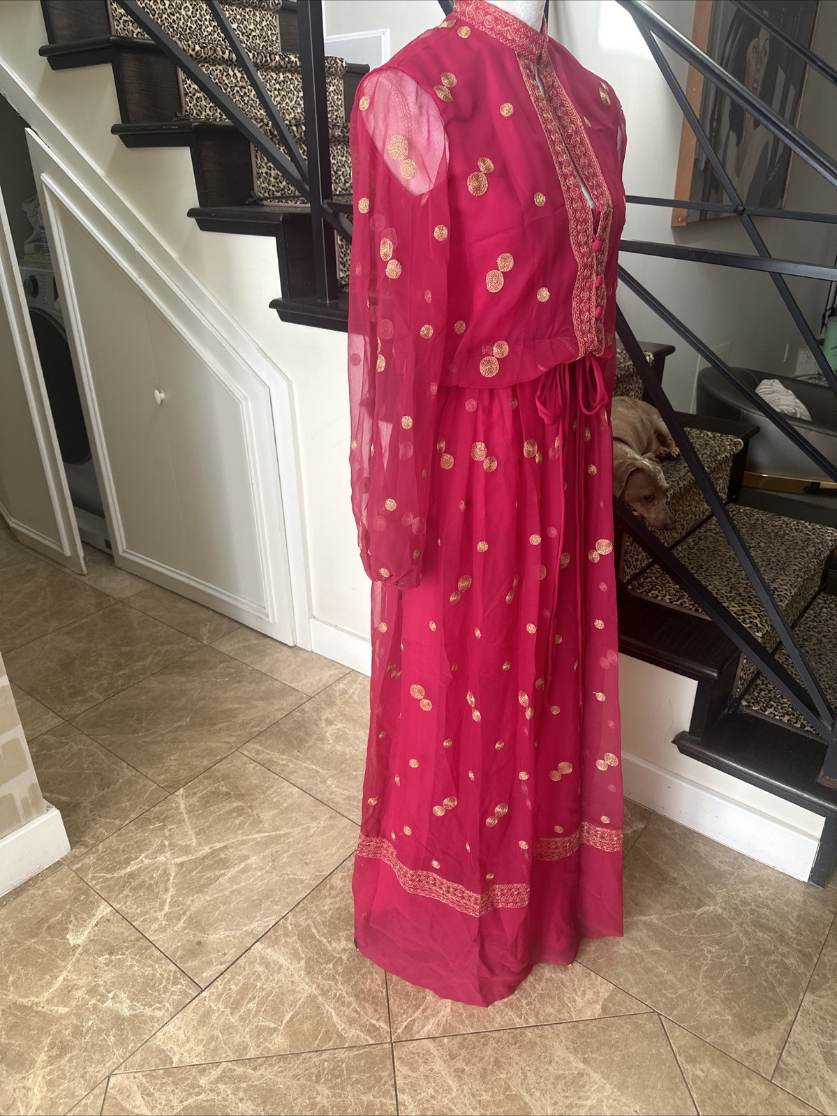 Jack Bryan NWT 70s Raspberry Pink Voile & Gold Embroidery Blouson Maxi Dress S