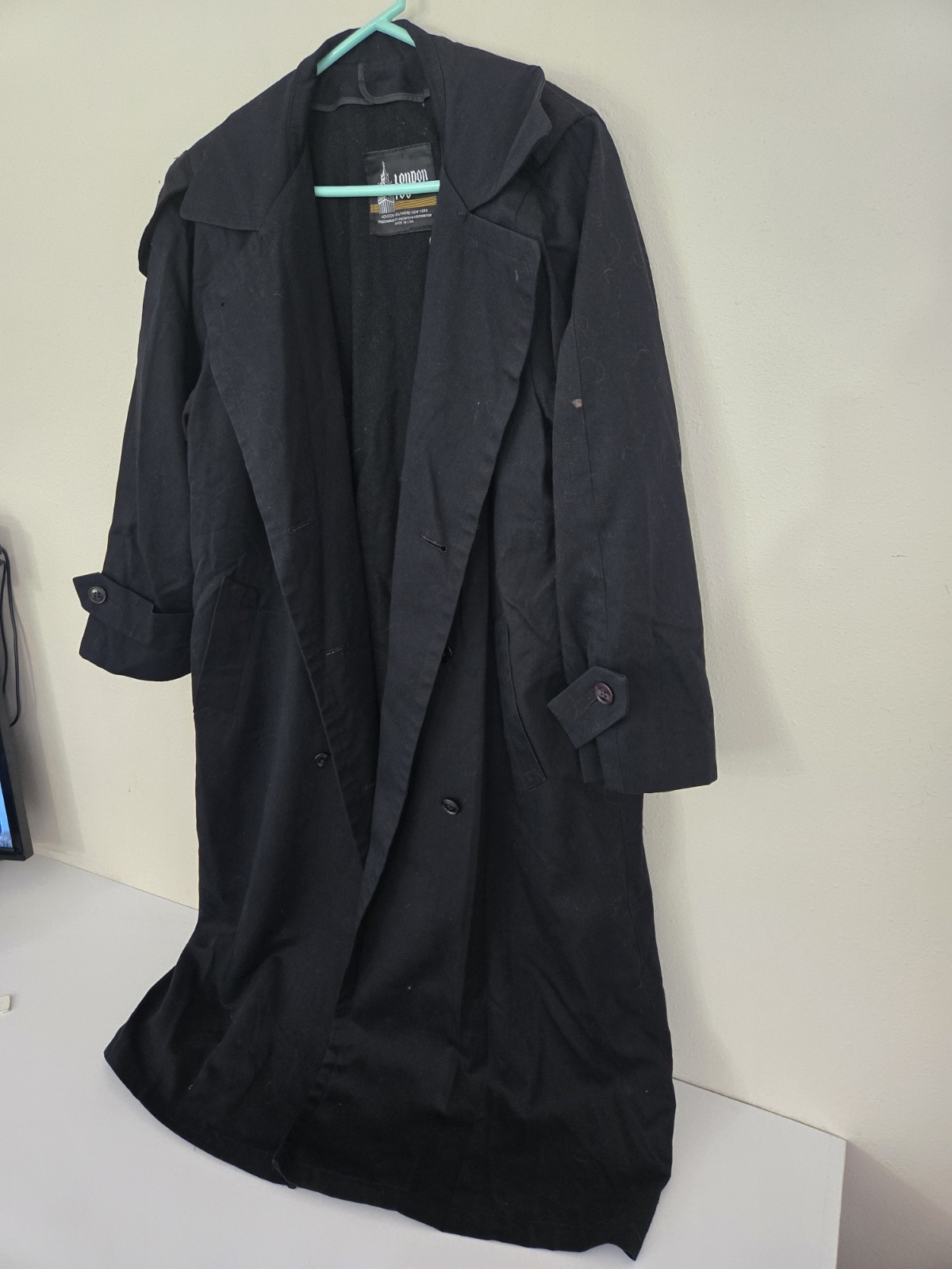 Vintage London Fog Made in USA Lined Black Trench Coat Size 8 Reg FREE SHIPPING
