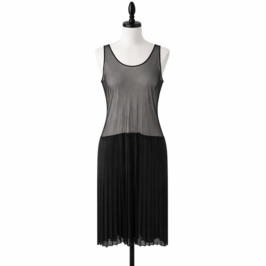 Vintage Black Sheer Bodice Pleated Dress Midi Chiffon Illusion Avant Garde Goth