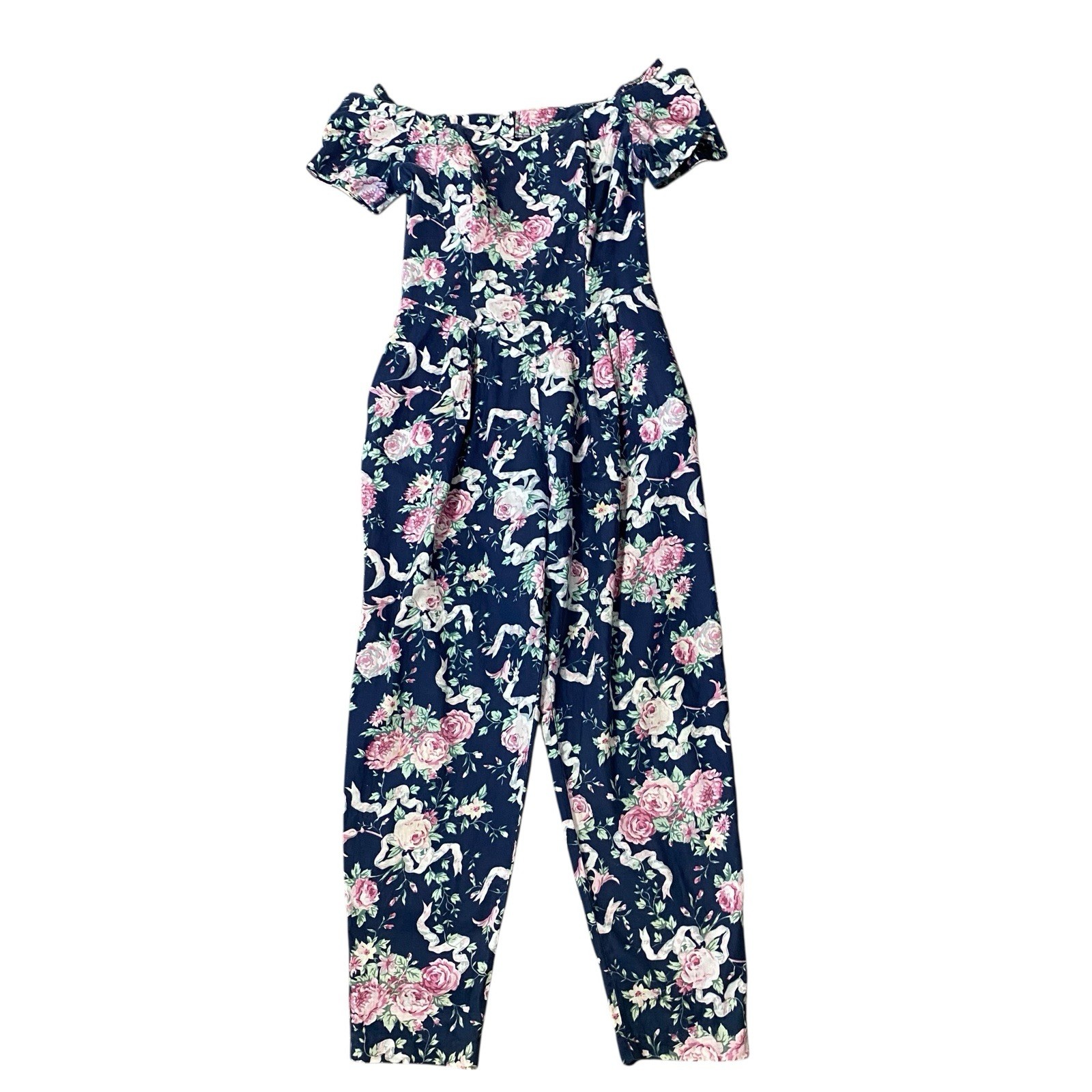 VINTAGE BENSON & SMITH Floral Off Shoulder Jumpsuit Size Small Petite 80s 90s