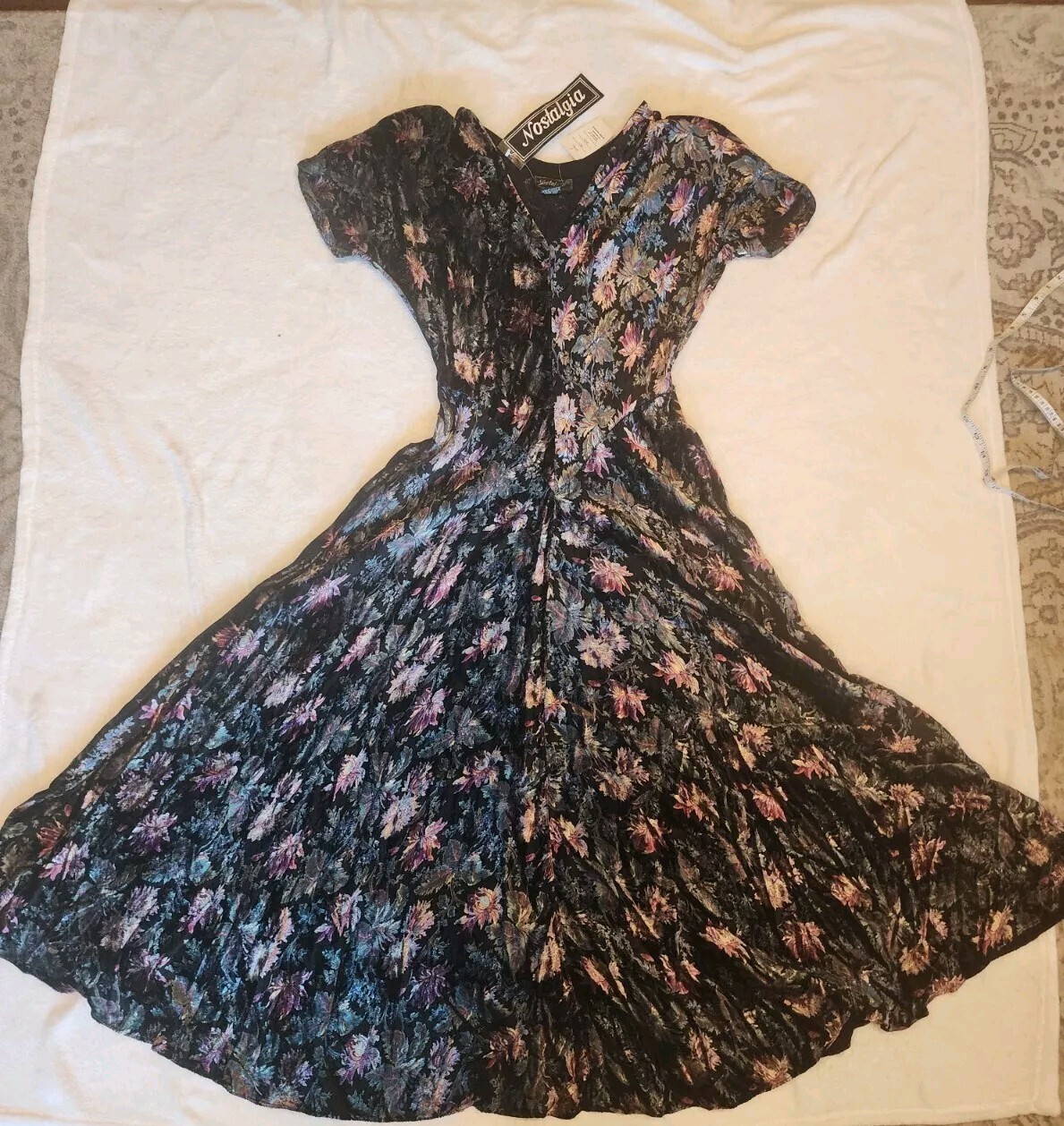 Vintage 90&rsquo;s Nostalgia Floral Black Rayon M Asymmetrical Hem Huge Sweep! NWT