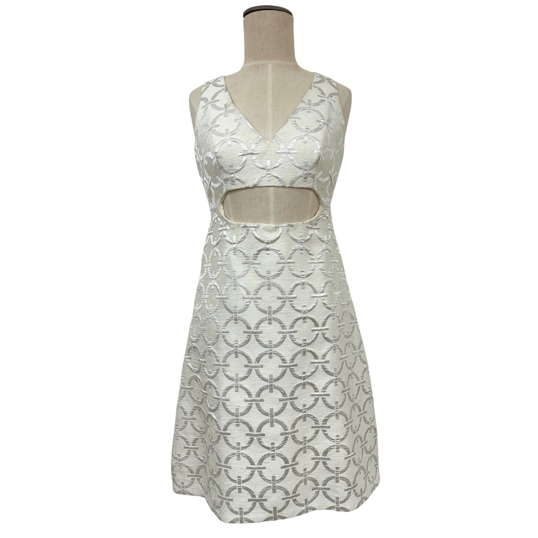 Vintage 1960s Peter Collins Mod White Metallic Brocade Cutout A Line Dress