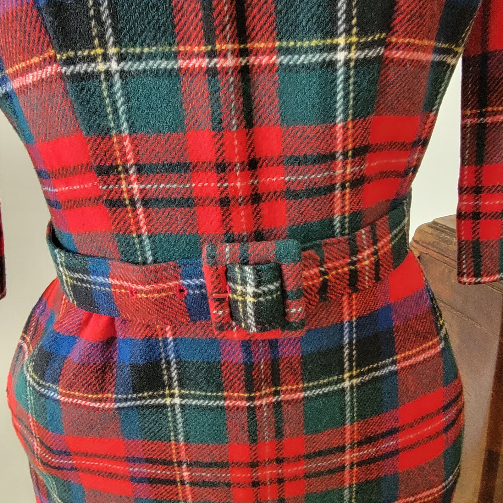 Vintage Pendleton Wool Red Plaid Wiggle Belted Dress 1950s 1960s Small USA