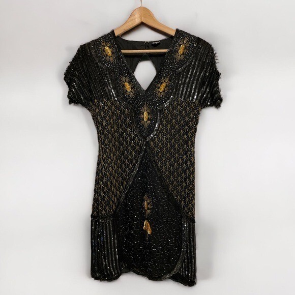 Vintage 80&rsquo;s 100% Silk Black and Gold Sequin Beaded Dress Size M
