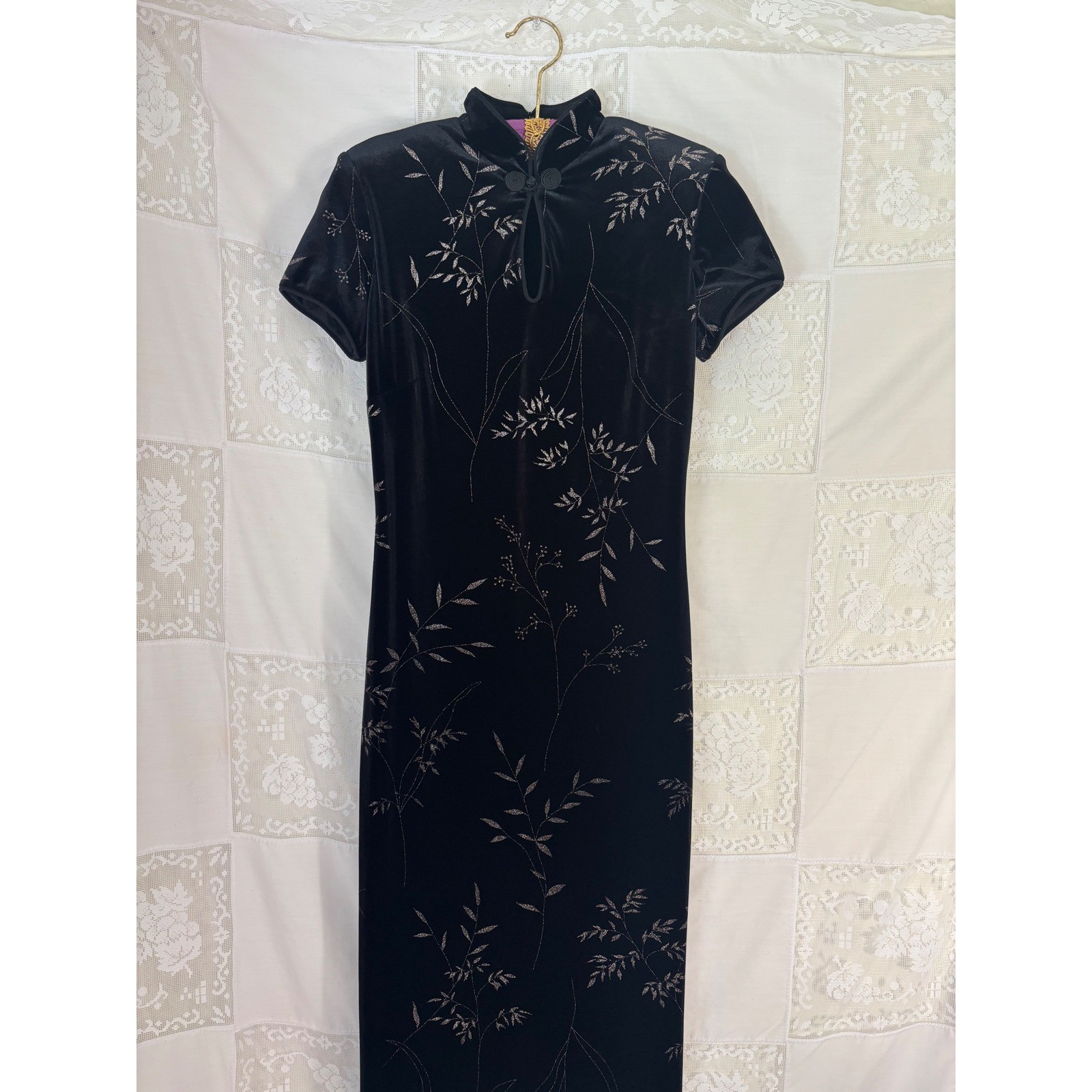 VTG Black Velvet Metallic Threaded Floral Maxi Cheongsam Dress Size S-M