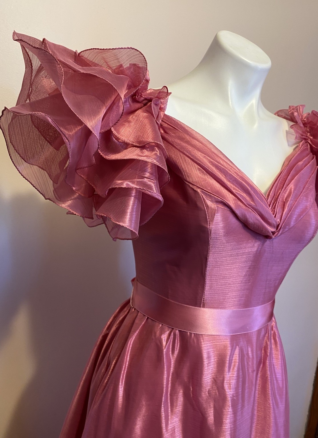 VTG Pink Poyester Taffeta Glinda Fairy Formal On/Off Shoulder Gown Train 5/6