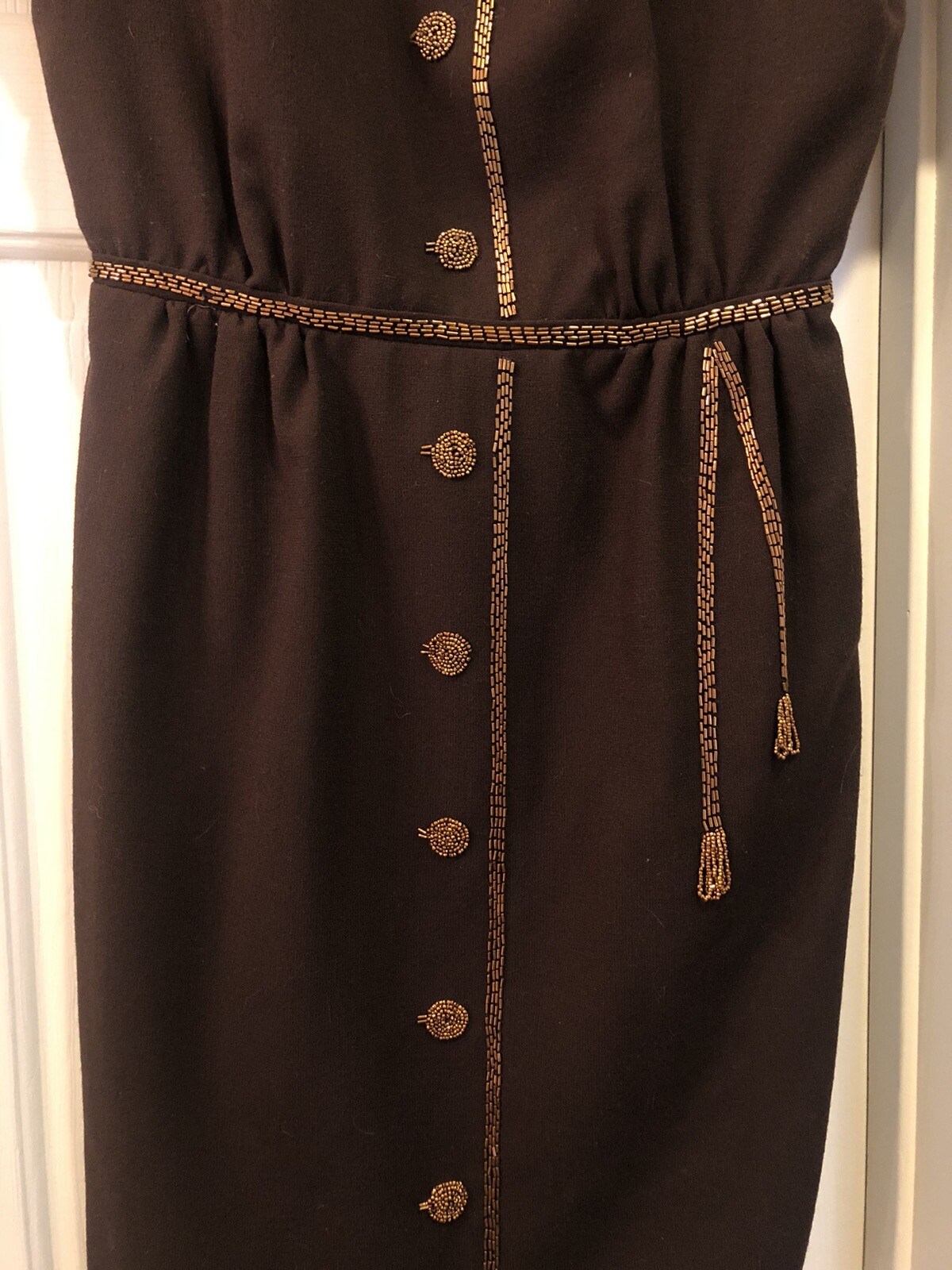 Charming 1940’s Vtg Brown & Copper Beaded Dress w/ Tassels