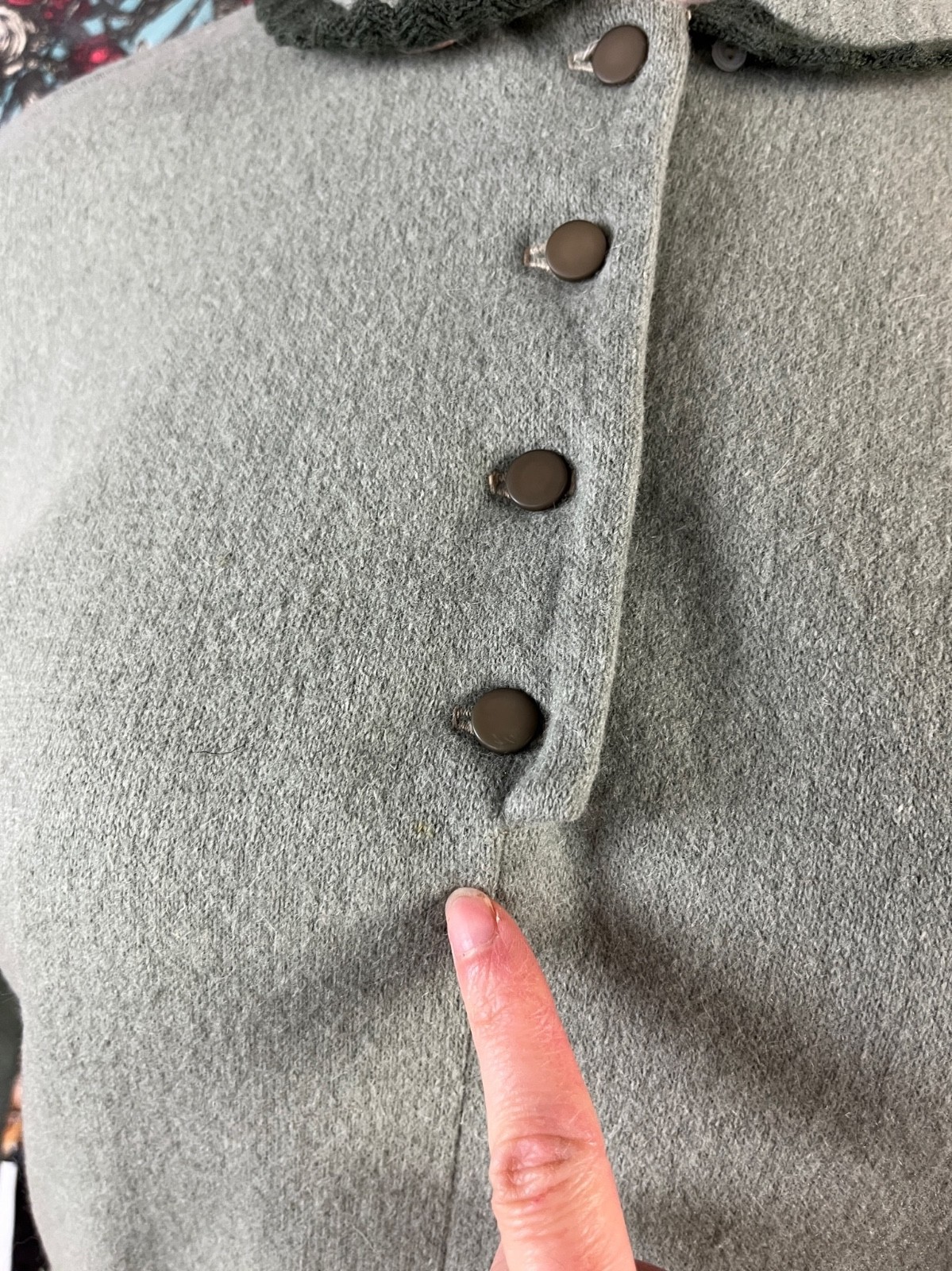 Vtg Womens 1940s Green Peter Pan Collar 3/4 Sleeve Wool Blouse Top Loop Collar