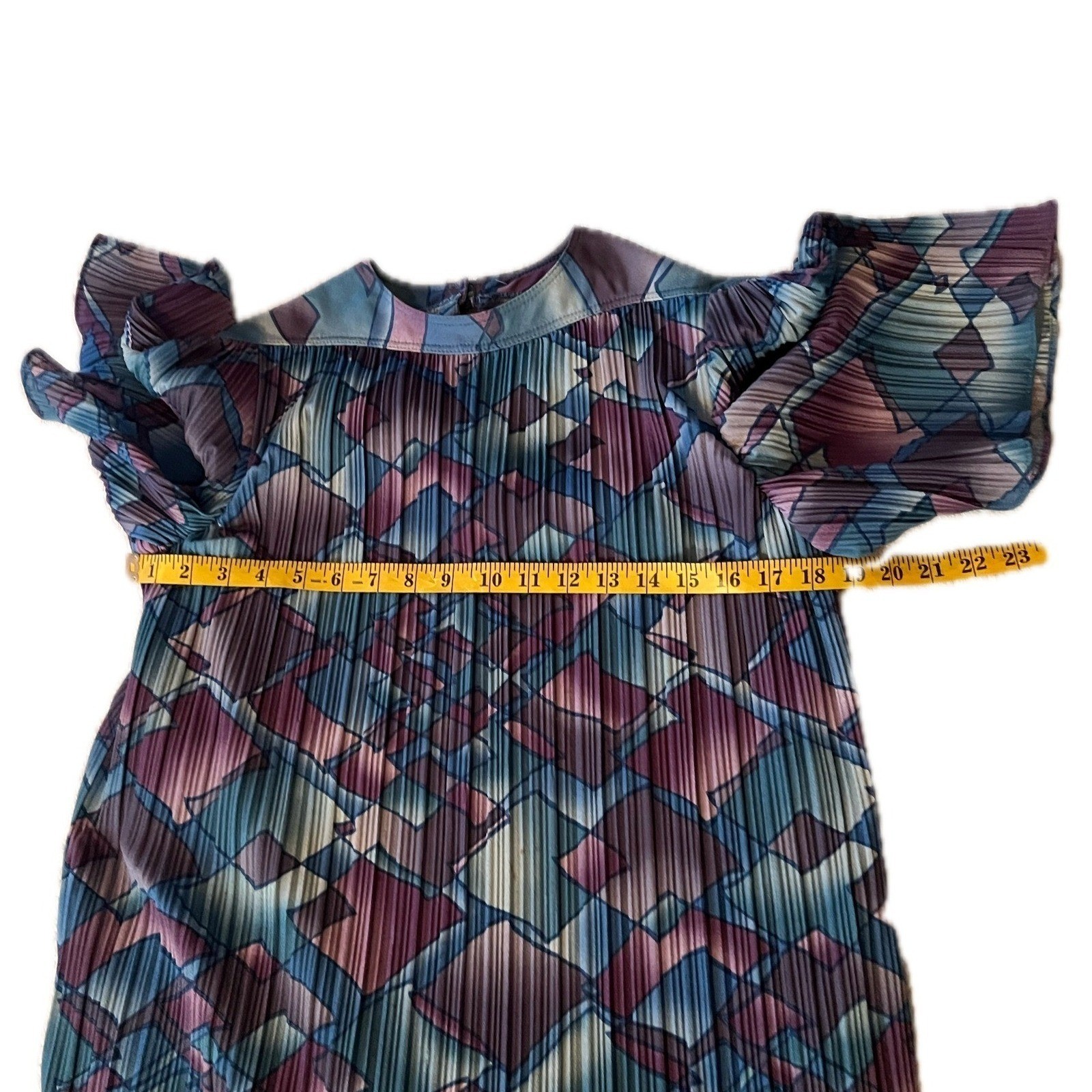 80s Vintage Pleated Geometric Ruffle Art Deco Midi Dress Purple Blue Sz 8P