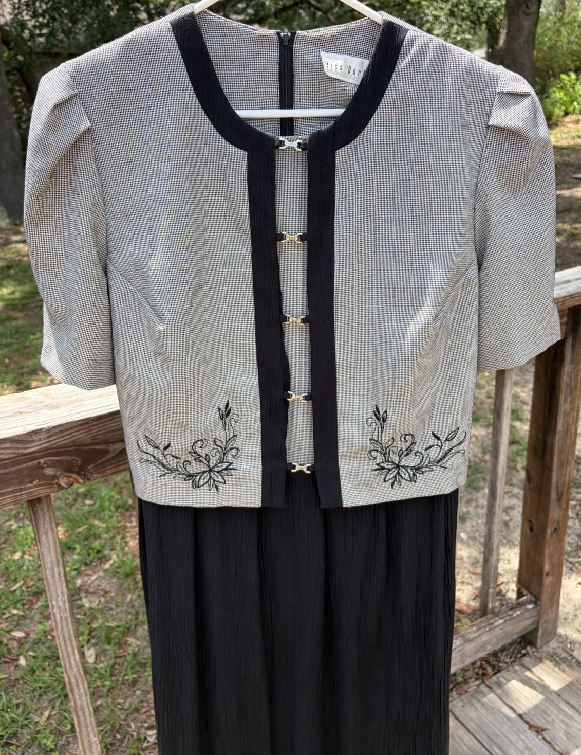 Vintage 80’s Miss Dorby Dress 16 Black Gray Embroidery w/Shoulder Pads Layered