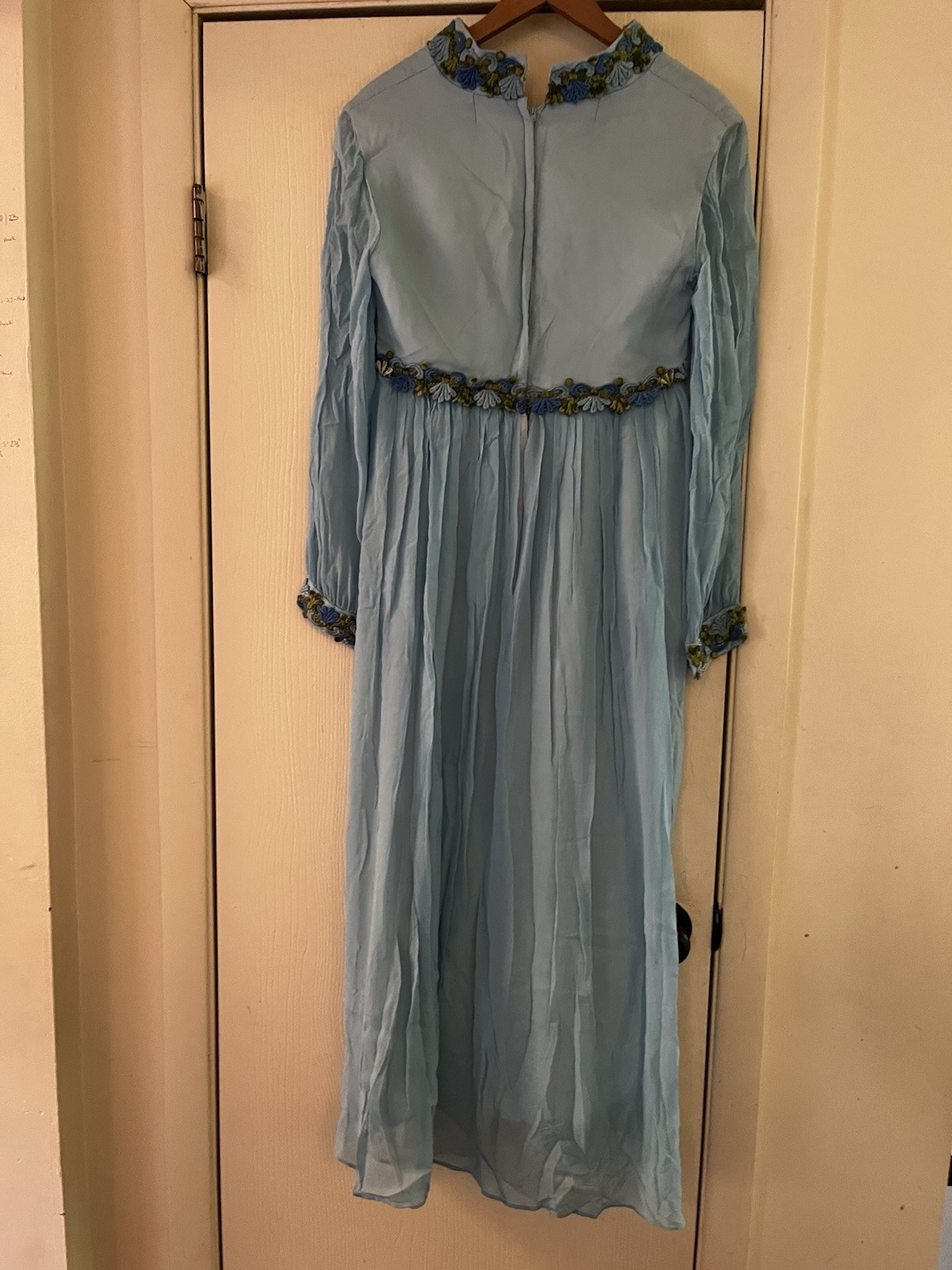 VTG 60s Prom Renaissance Embroidered Hippie Silk Chiffon Babydoll Maxi Dress