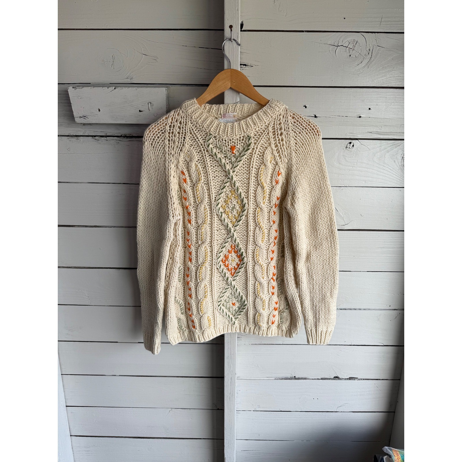 Vintage Carson Pirie Scott Italy Wool Cable Knit Embroidered Sweater Cream Zip
