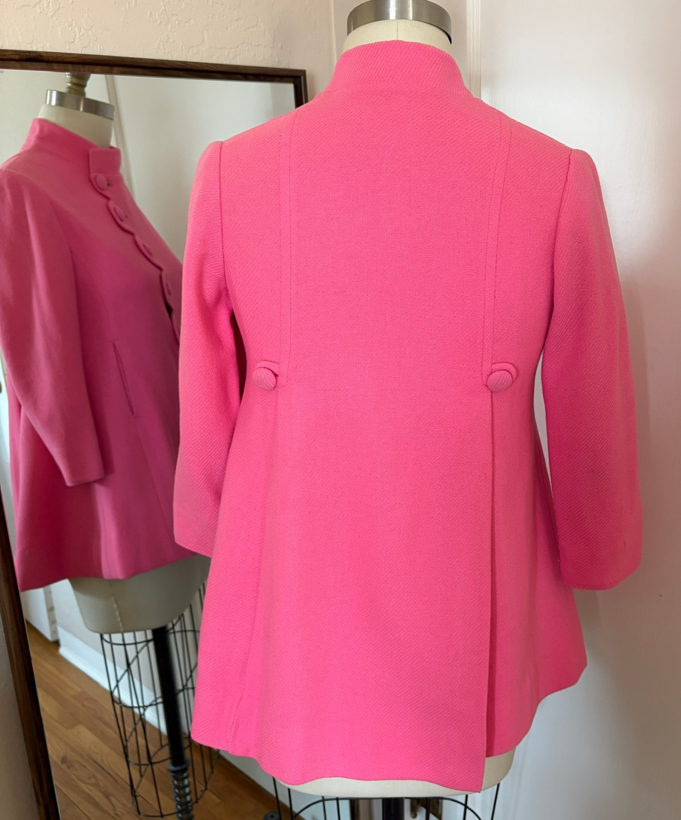 Vintage 1960s Mod Swing Jacket Hot Pink Chevron Twill ILGWU Union Made Coat Sz S