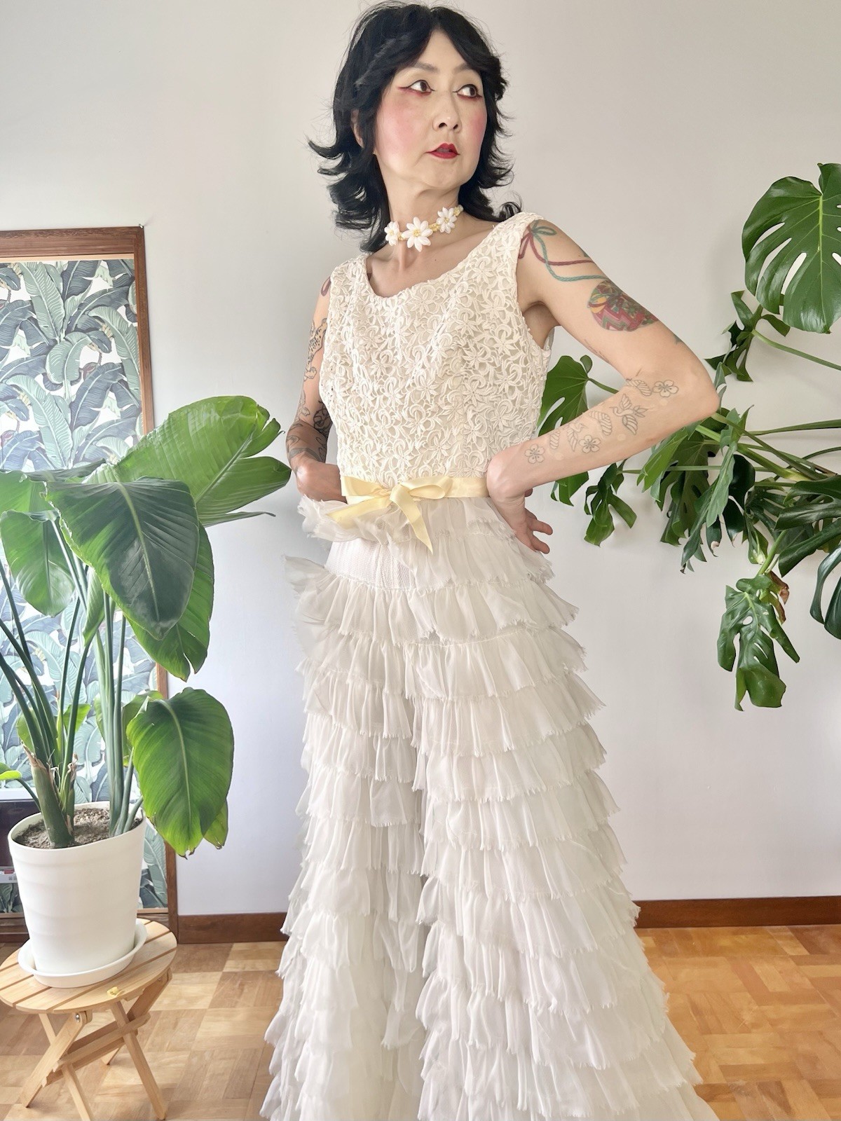 VTG 60s Kadine Lace Palazzo Jumpsuit White Tiered Chiffon Ruffle Mod Bridal S