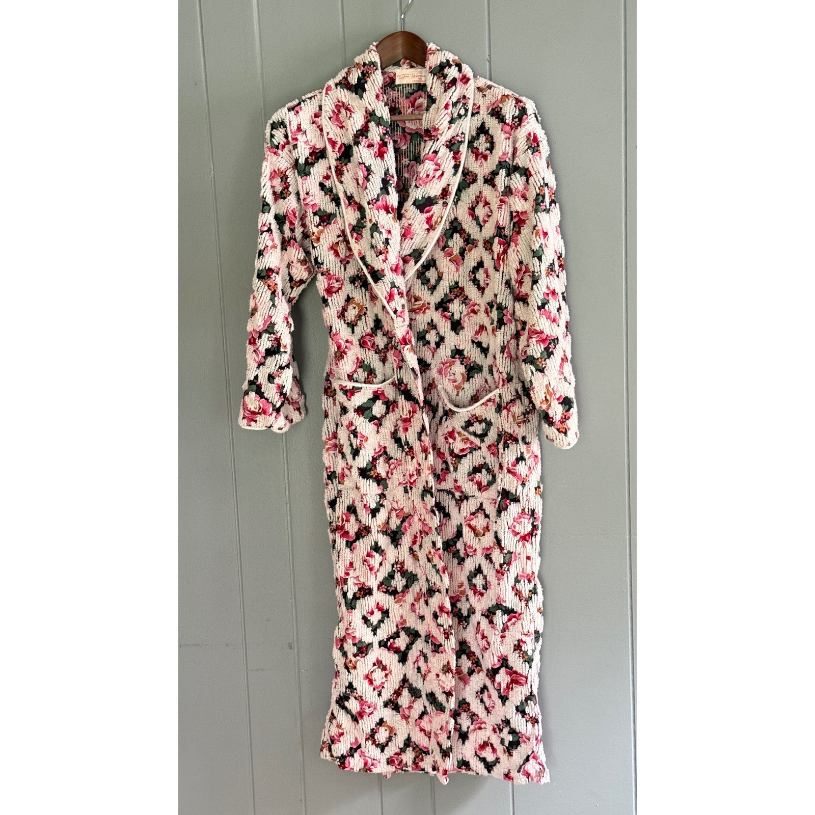 Vtg Stan Herman Herbcraft Chenille Floral Robe Housecoat Pink Rose Cottagecore