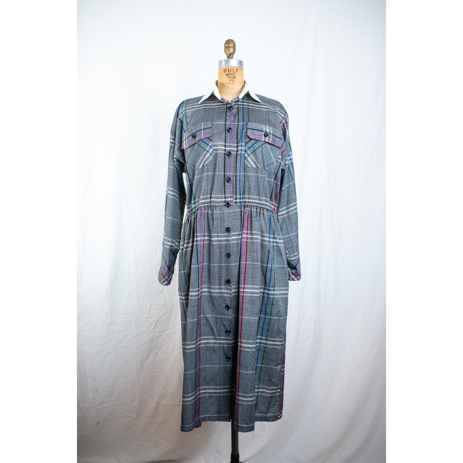 Vintage 90s Gray Plaid Midi Shirt Dress, Collared Long Sleeved, Academia, MED/LG
