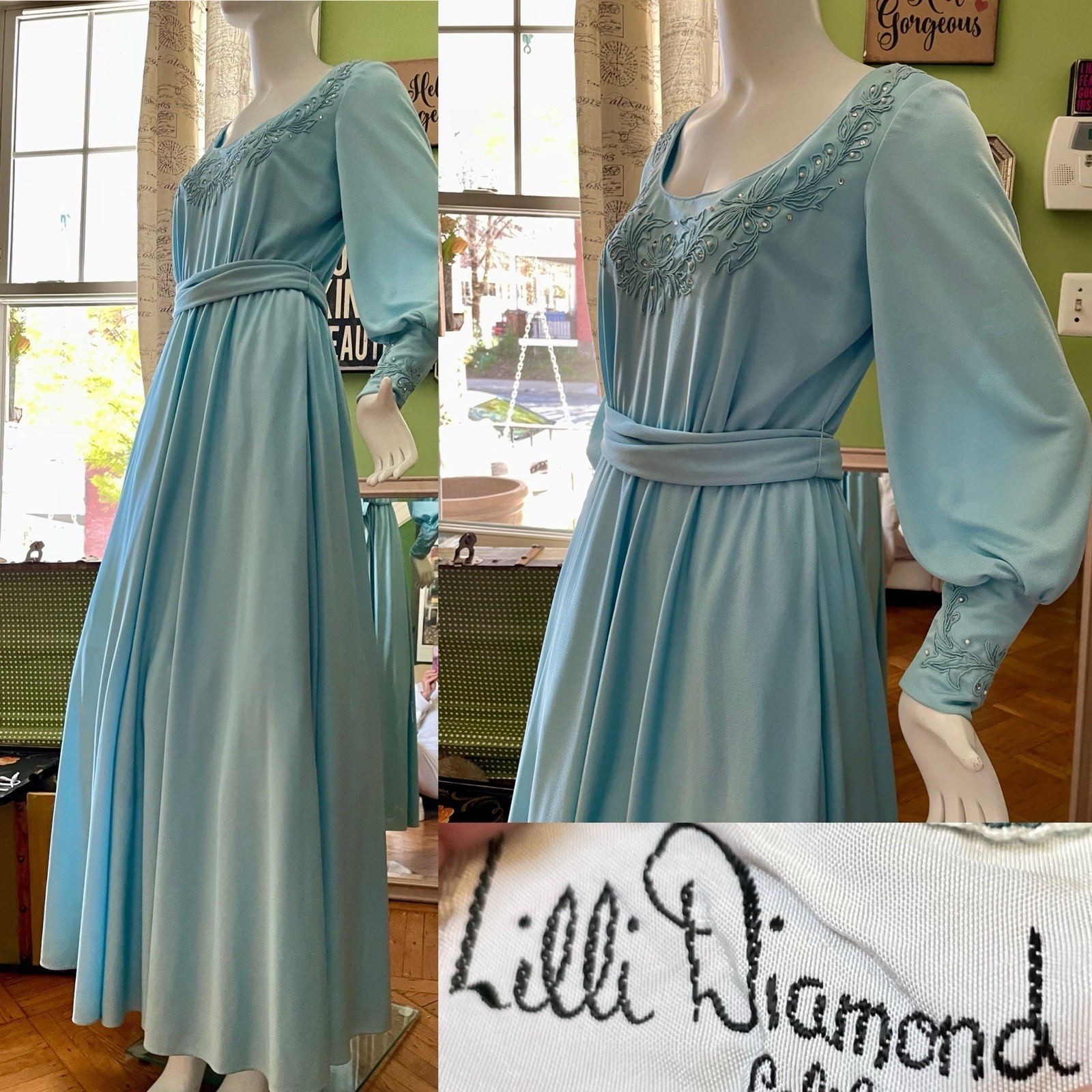 Vtg Famous Lili Diamond Ca Beaded Belted Whimsygoth Faerie Gown Maxi Dress M/L
