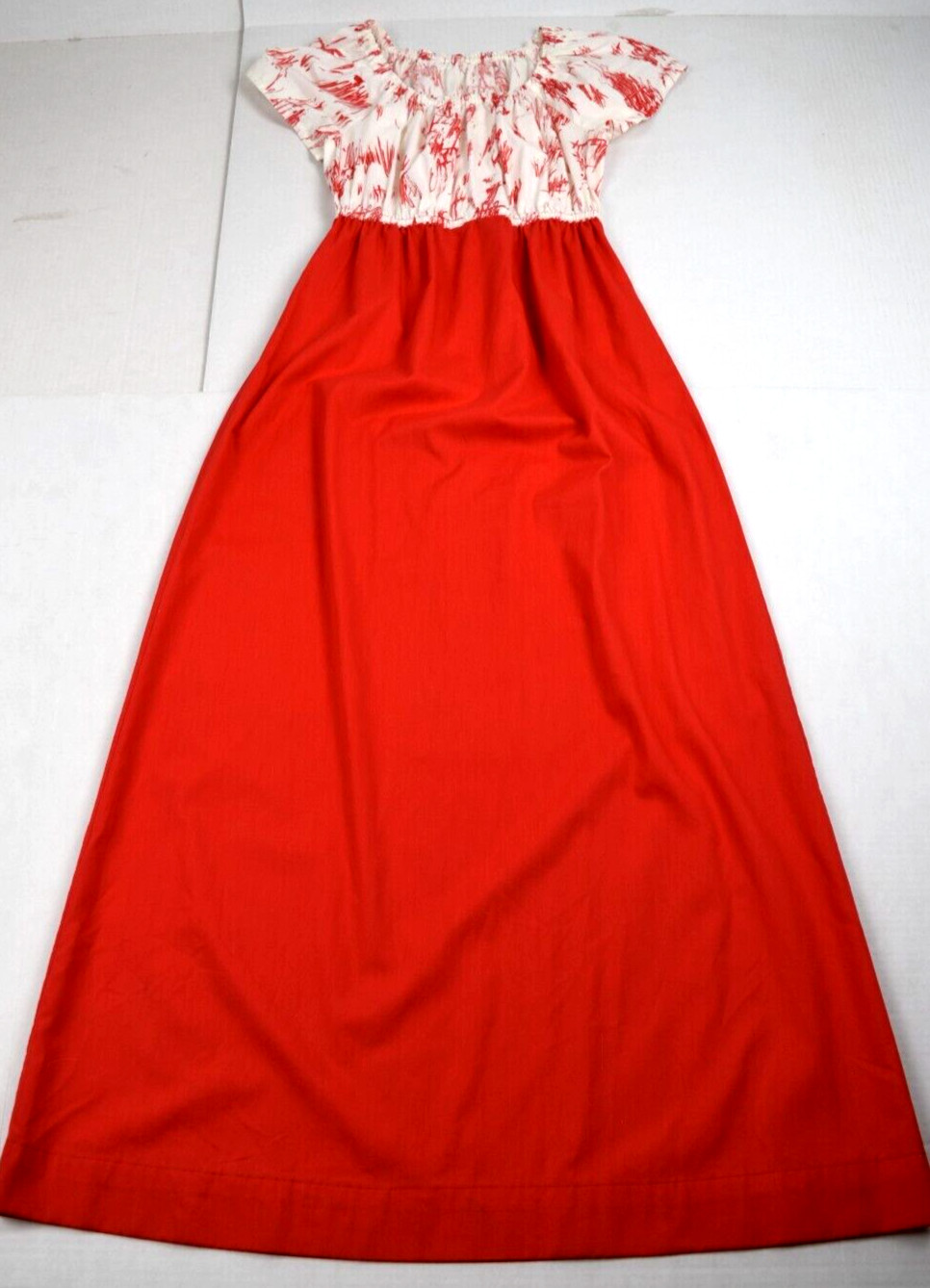 Vintage Handmade Maxi Dress Size S/M 70s Cherry Red White Cinch Waist