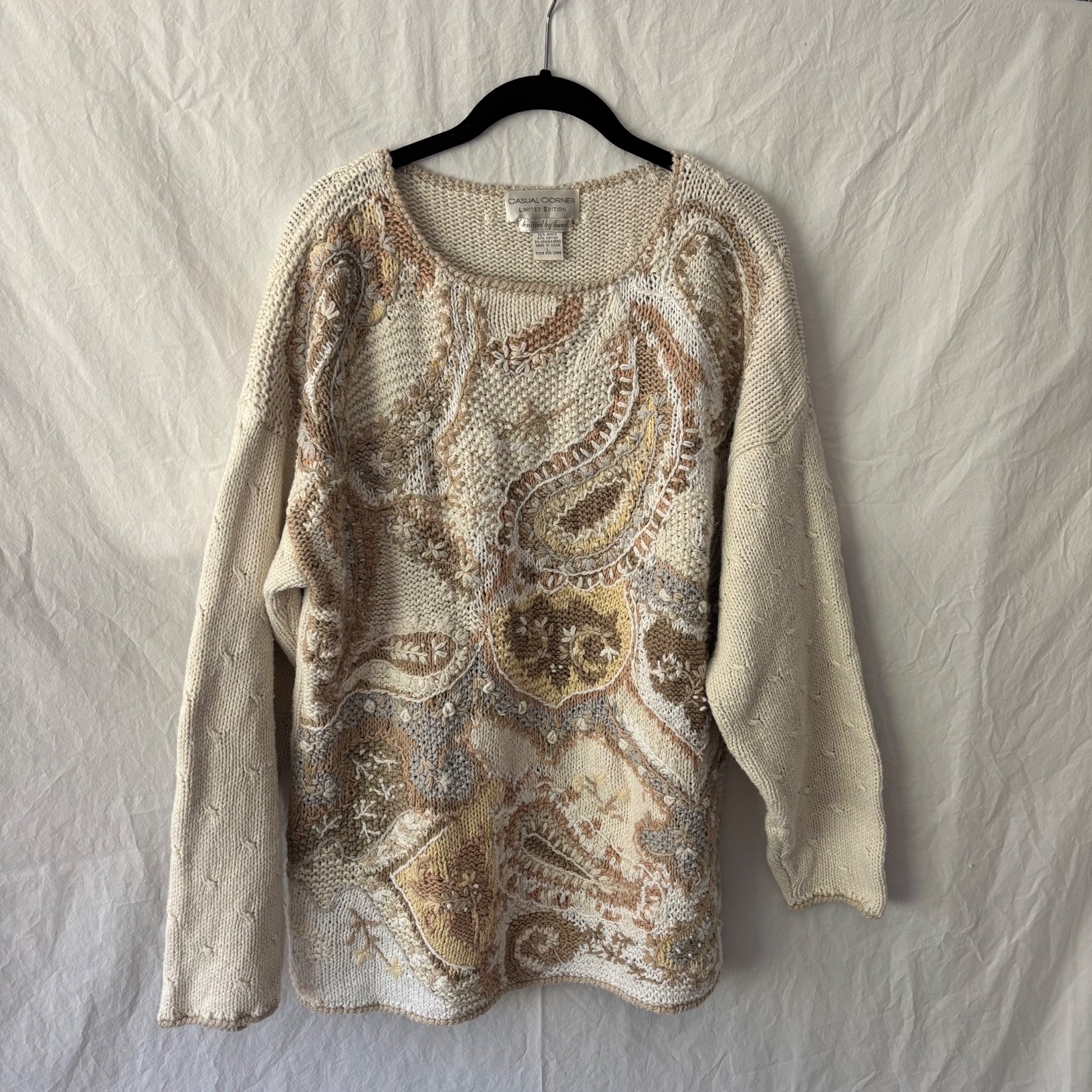 VTG Casual Corner Hand Knitted Sweater 90s Women&rsquo;s Sz Large Paisley Cream Tan