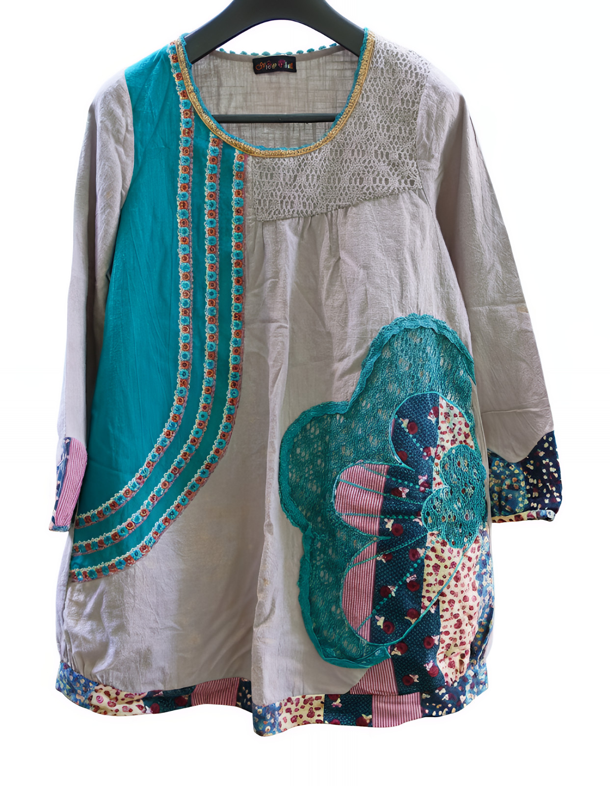 Genuine Vtg 90s Patched Tunic Duster | Colorful Hippie Artisan Needlework M-L