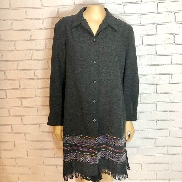 T. Garment Charcoal Grey Textured Button Front Tunic Jacket with Fringe Hem