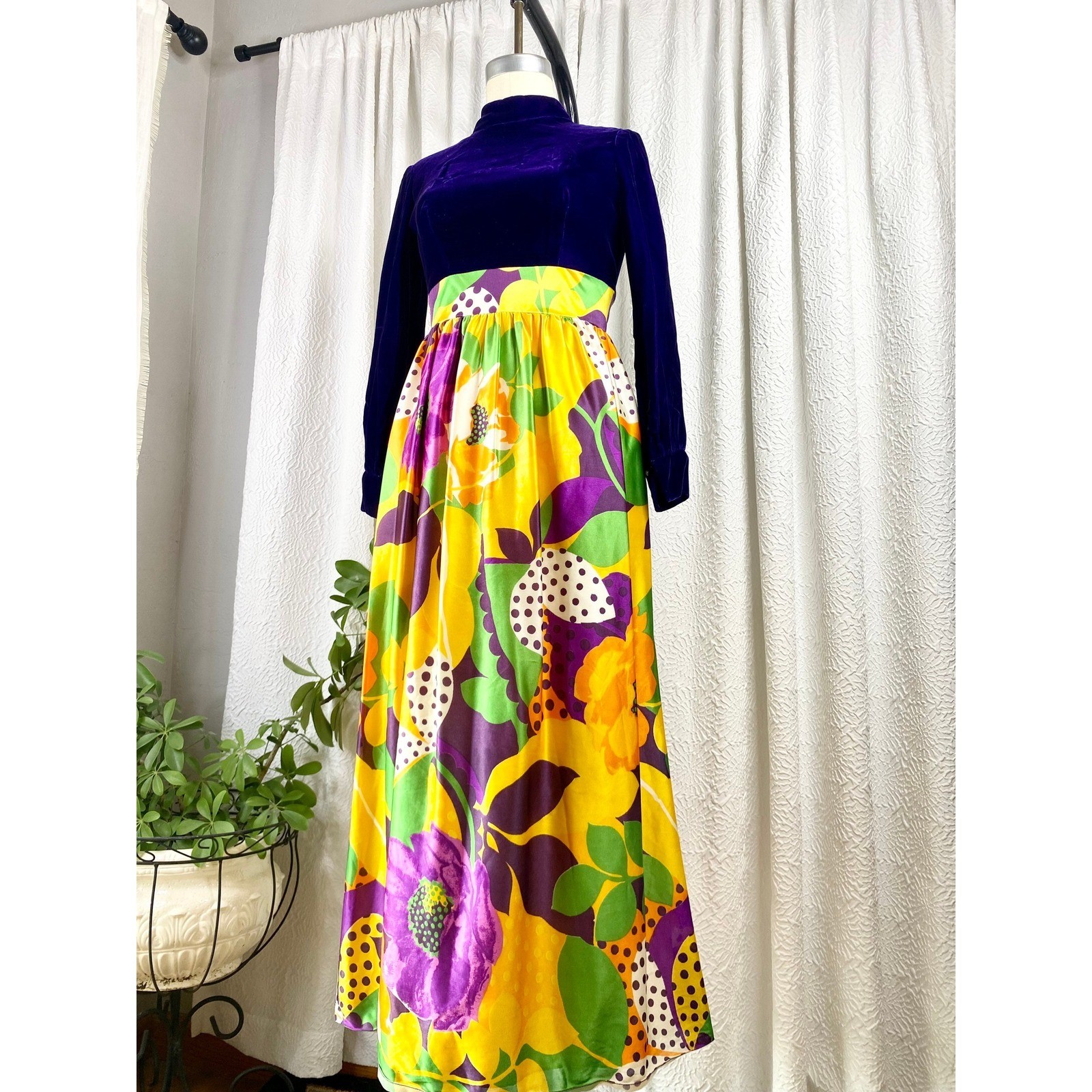 Vintage 1960s Floral Velvet Maxi Dress, Mod Style, Size S