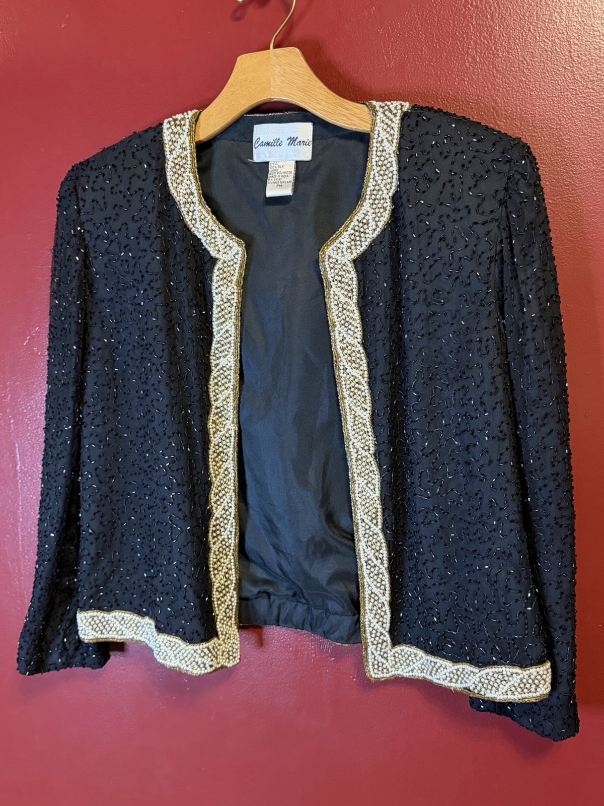 Vintage 80s Silk Beaded Jacket Black Gold Size PM