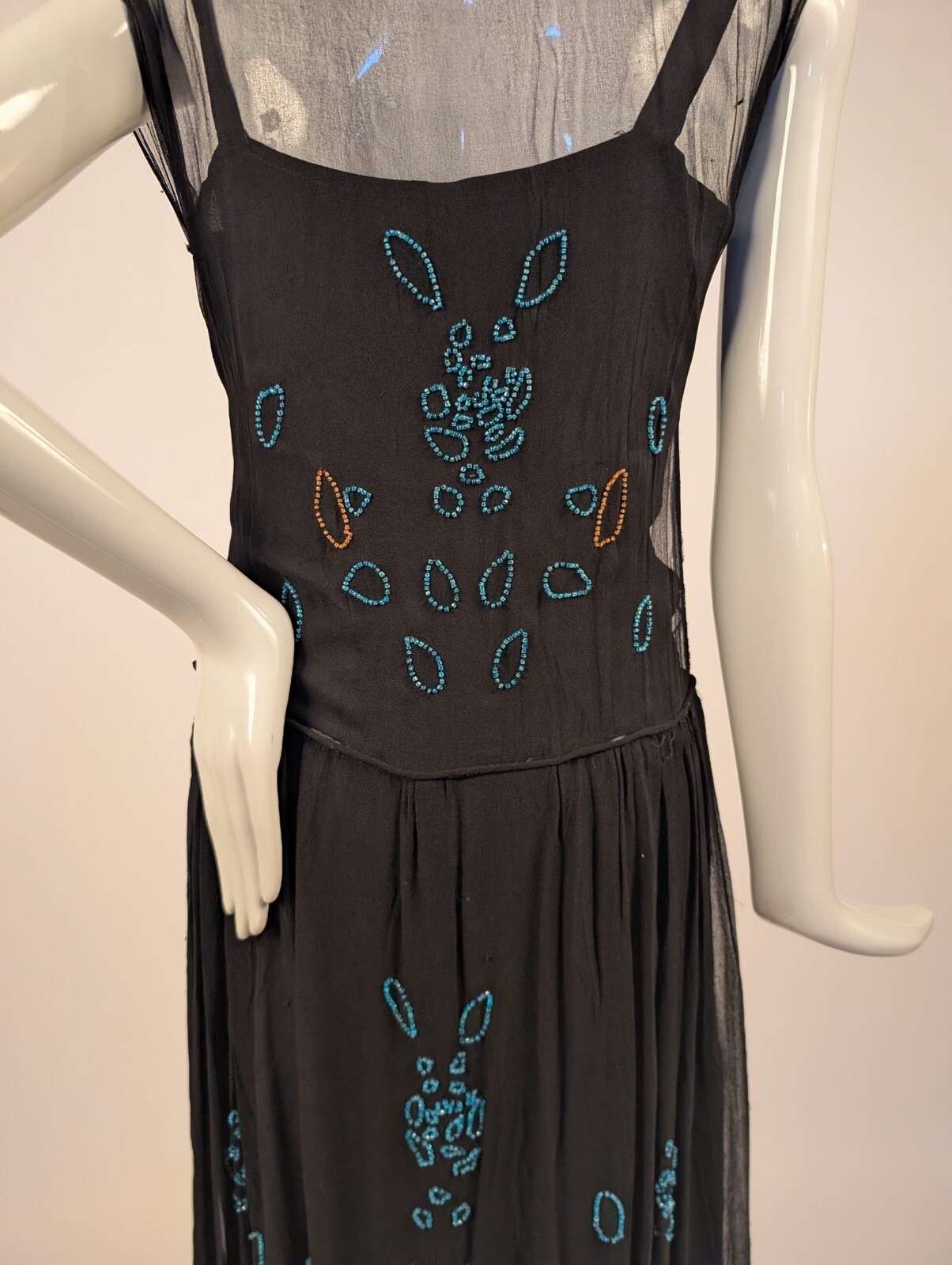 FLAPPER 1920’S SHEER SILK CHIFFON DRESS W BLUE GLASS BEADING