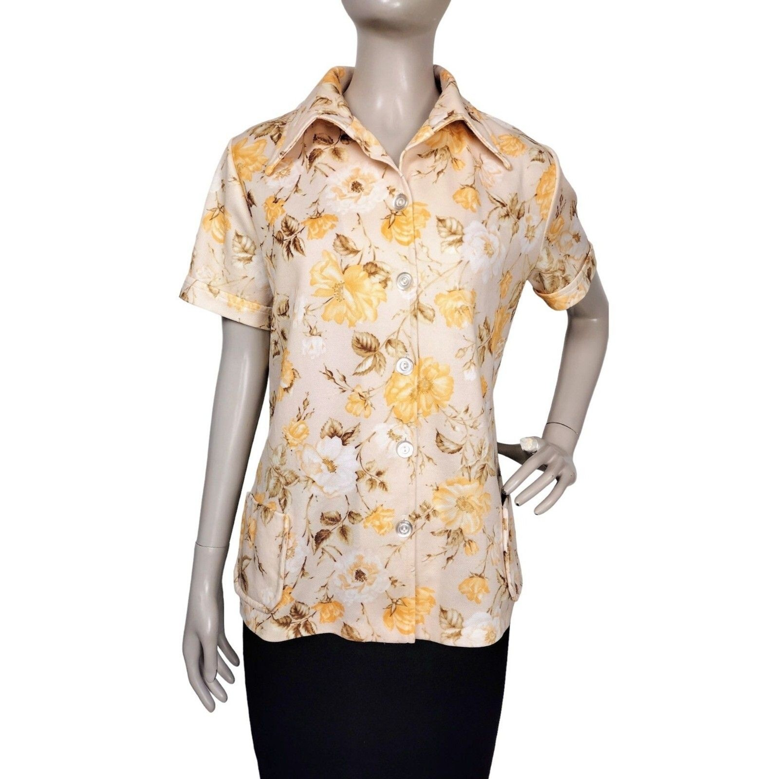 Vintage 70s Floral Button-Front Dagger Collar Sears Smock Top Women&rsquo;s Size M/L