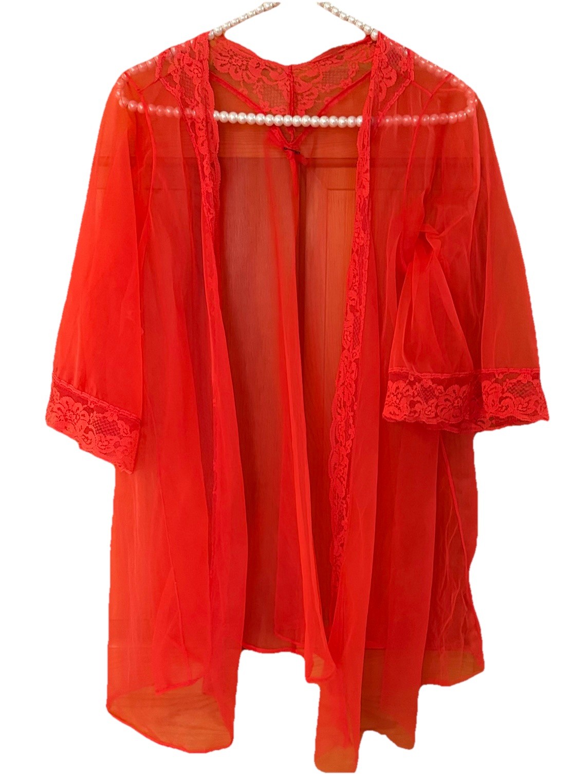 Pandora By Chic Red Sheer Peignoir Robe Lace Sz M Kimono Pin Up Vintage