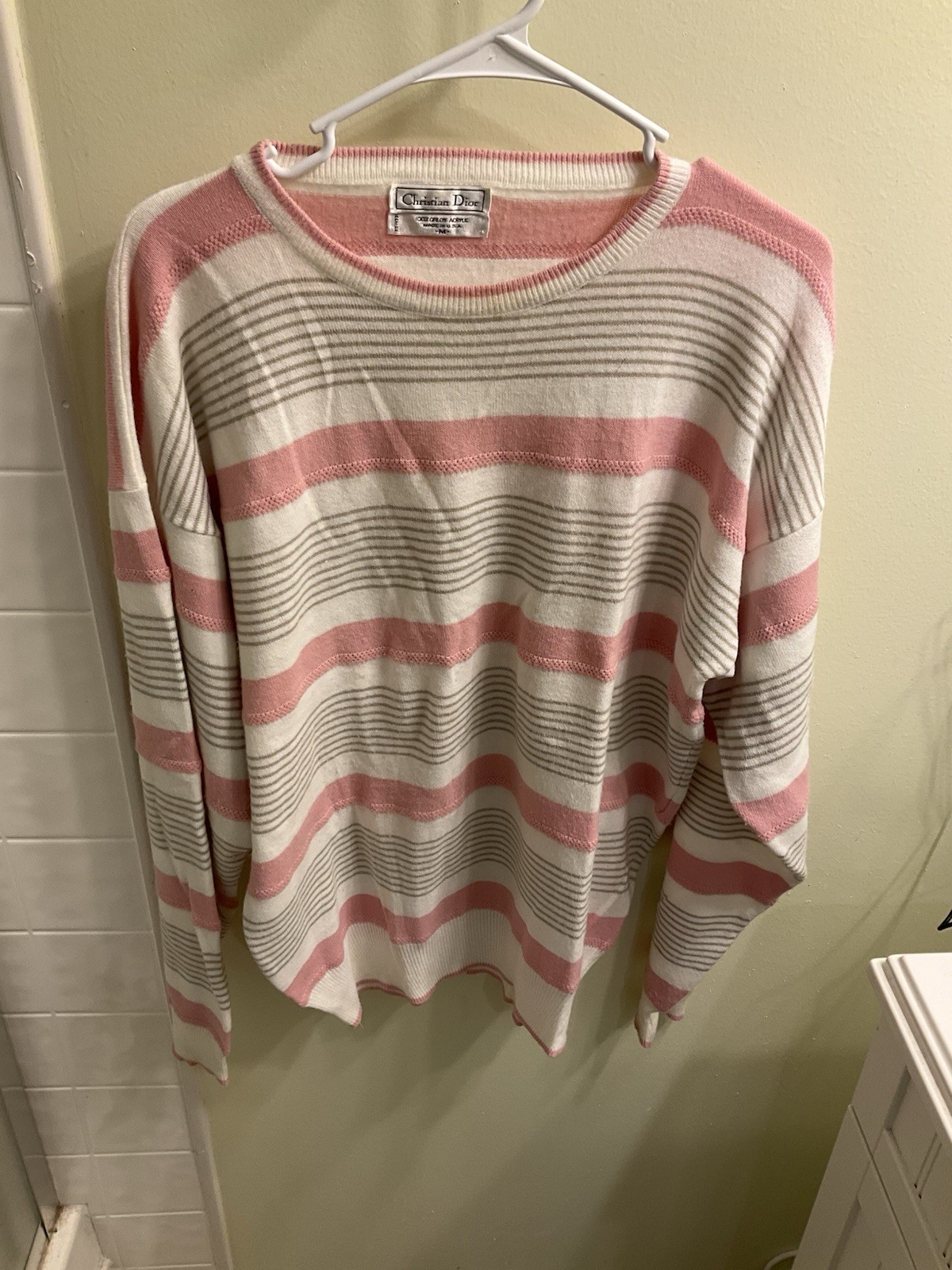 Vintage Christian Dior Women Orlon Crew neck sweater pink stripe Medium 80s USA