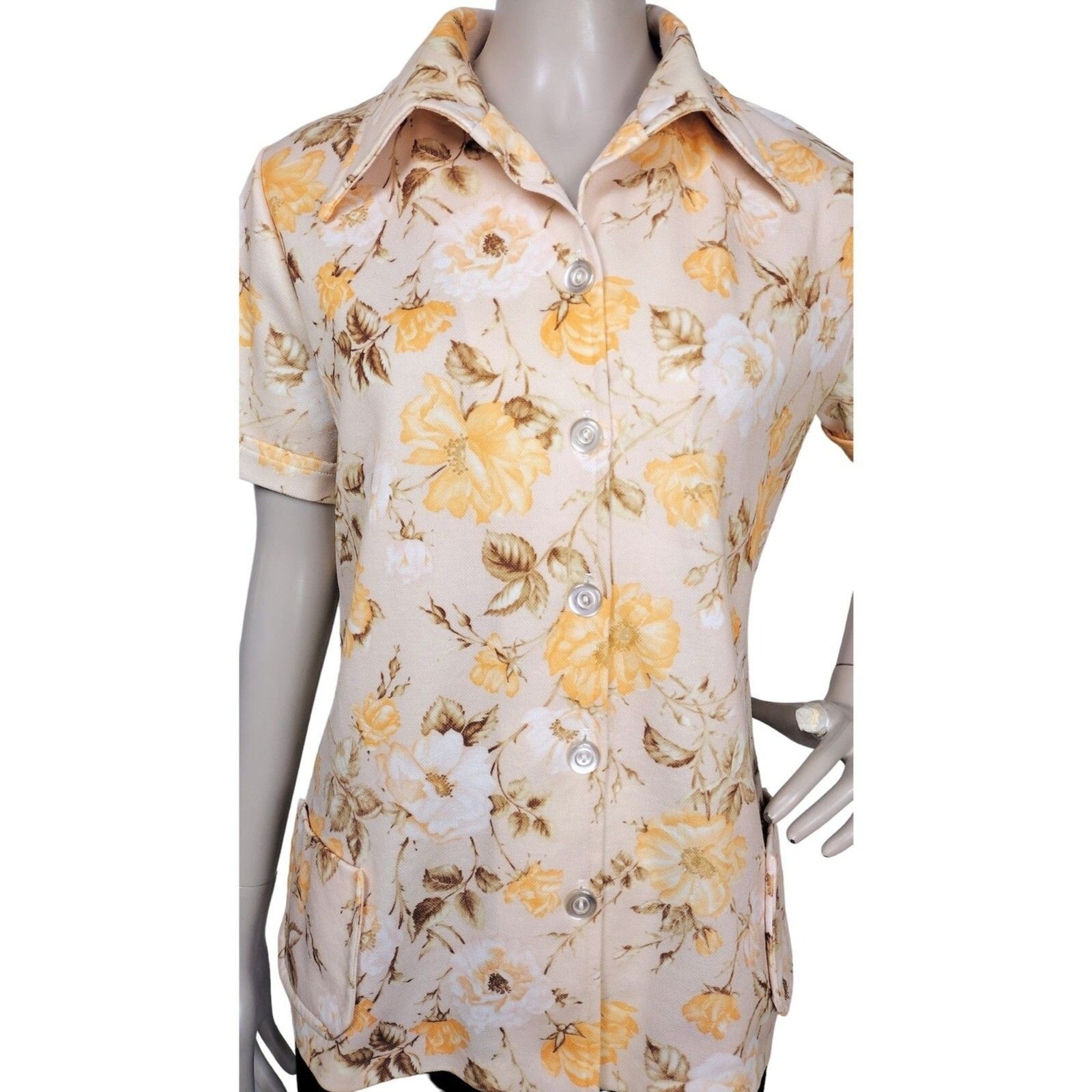 Vintage 70s Floral Button-Front Dagger Collar Sears Smock Top Women&rsquo;s Size M/L