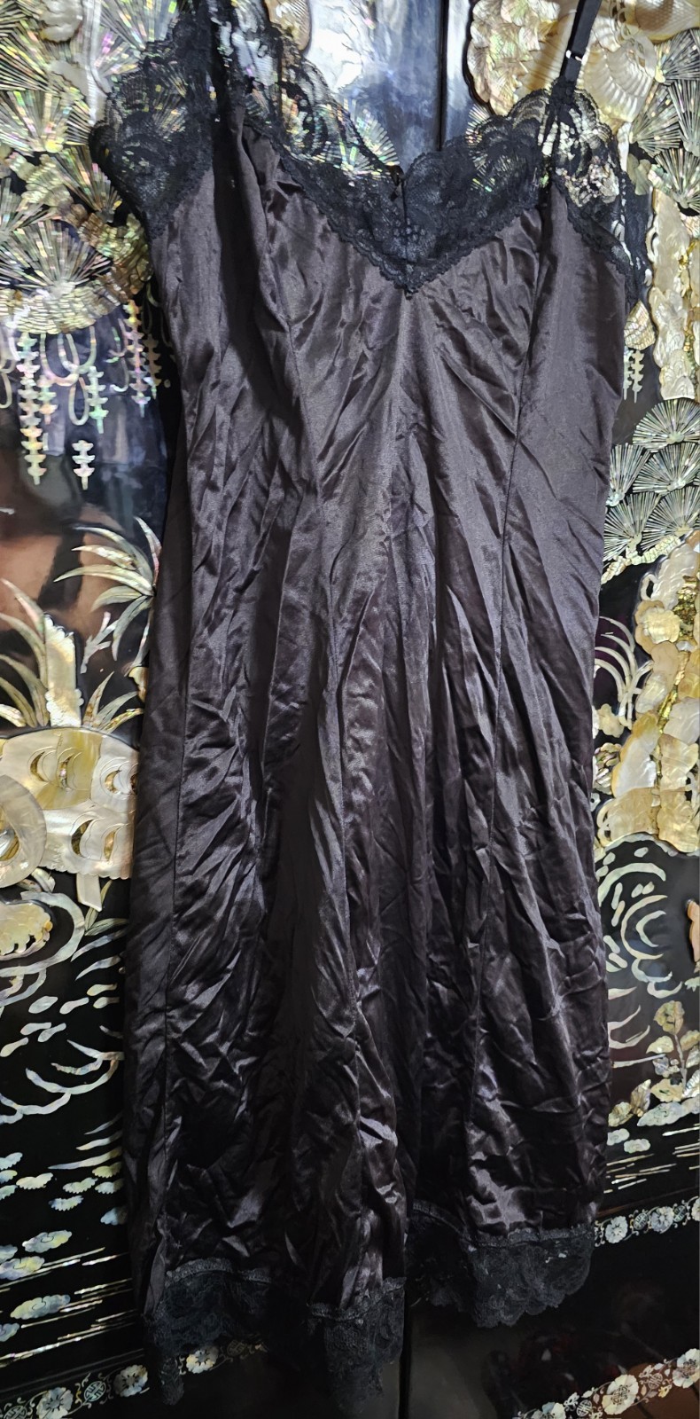 Vintage Collectible Classics SATIN NYLON Lace Slip Dress Black Made In USA 34