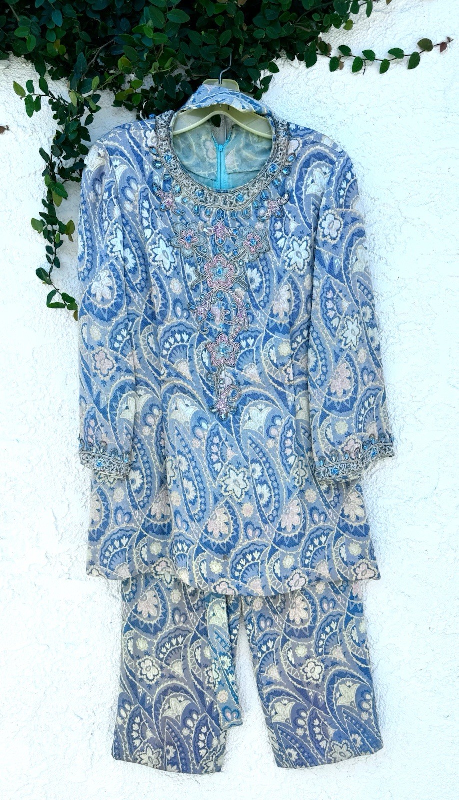 Vtg 60s 70s Beaded Tunic Top & Pants Set, Blue And Pink, With Waist Tie