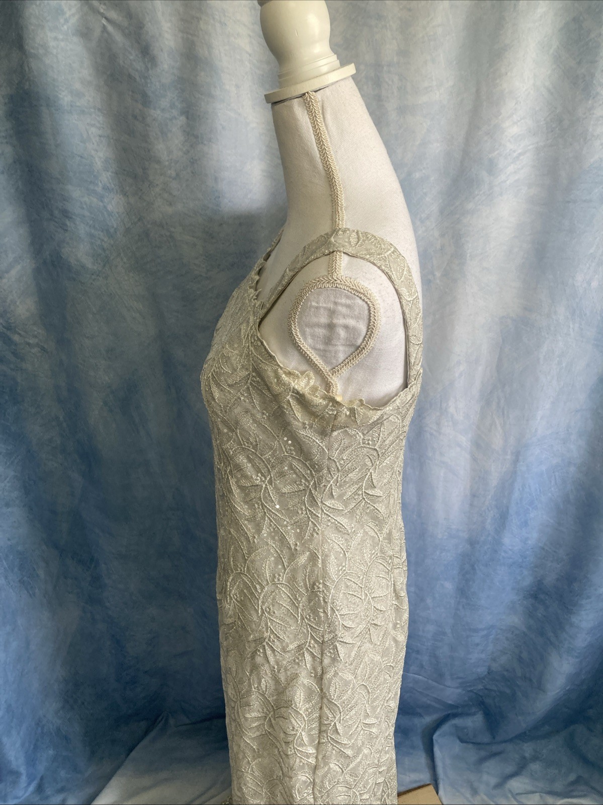 VTG 80s ASPEED USA Silver Lace Dress Jacket Set 2pc Formal Gown Prom Wedding Med