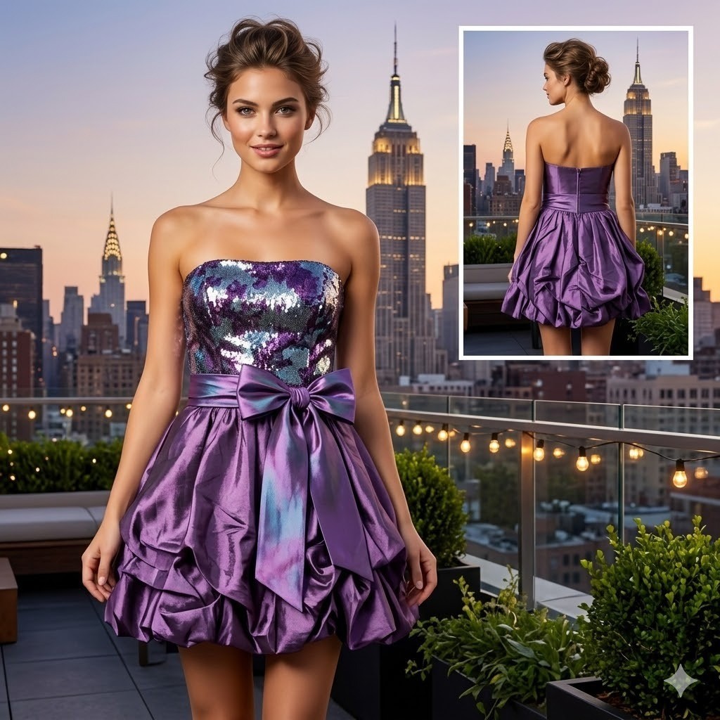 Jessica McClintock Gunne Sax Purple Sequin Bubble Dress 9 Strapless Y2K 33446-61