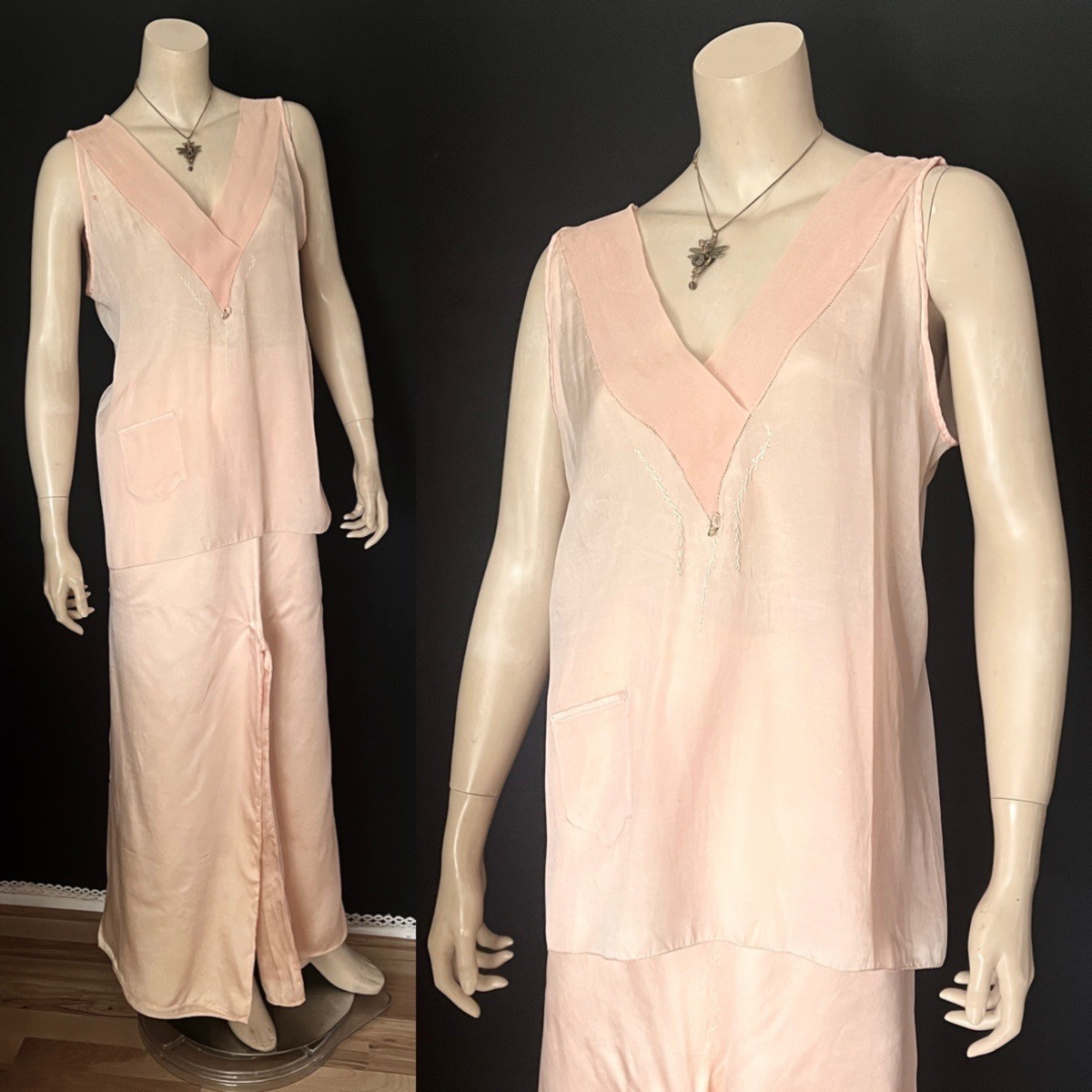 Lovely 1920s Silk, Satin Pajamas in Light Peach / Tea Rose , Pocket, Large