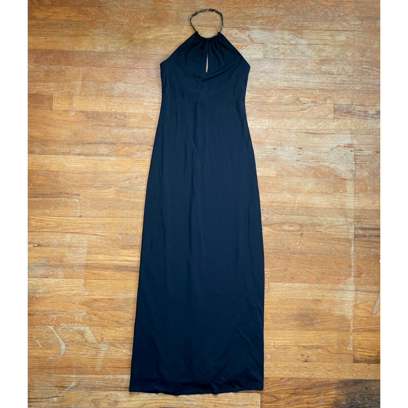 Vintage Laundry Halter Dress Size XS 1990s Black Knit Chain Collar Column Maxi