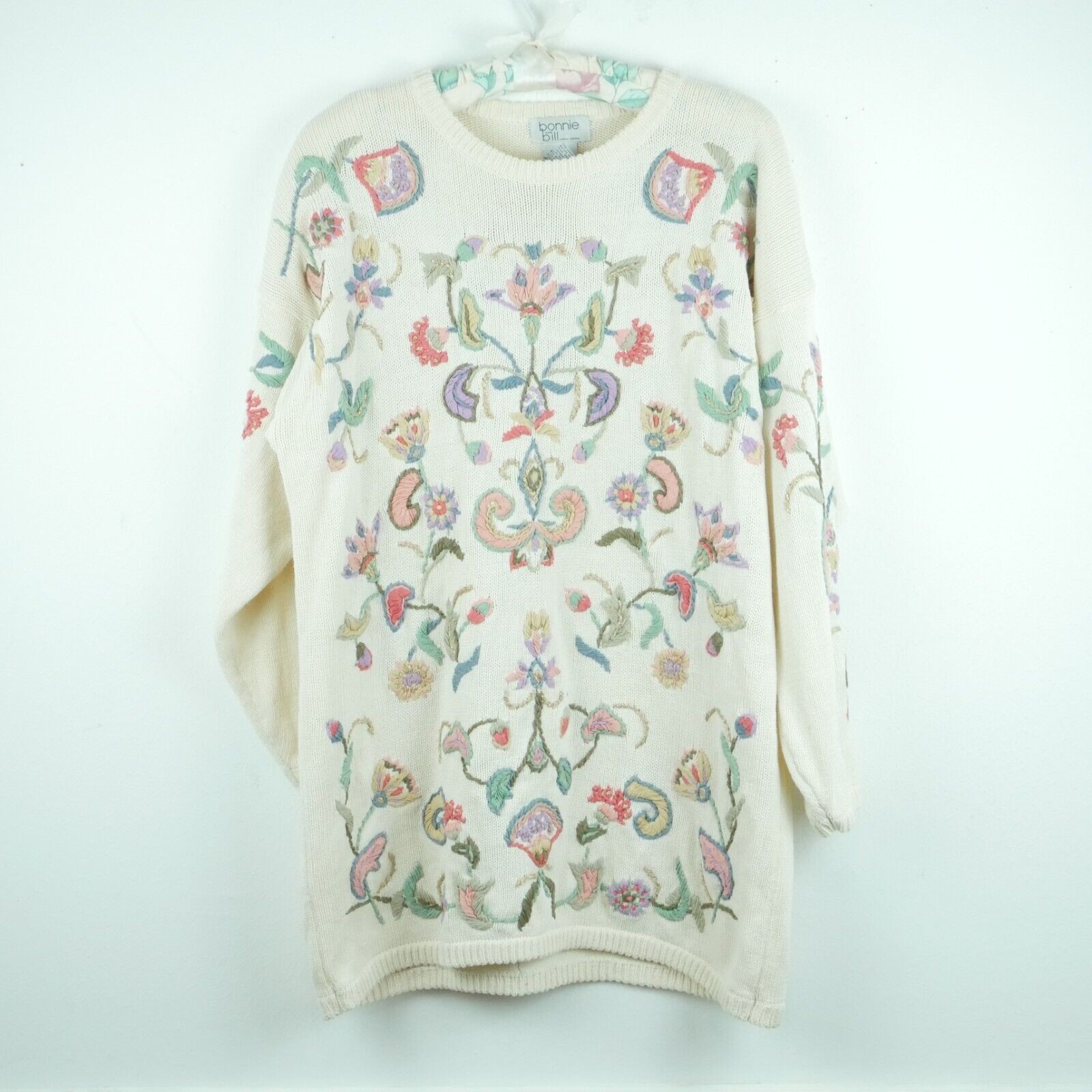 Vintage Medium Sweater Floral Embroidered Boho Cottagecore Granny Oversized 90s