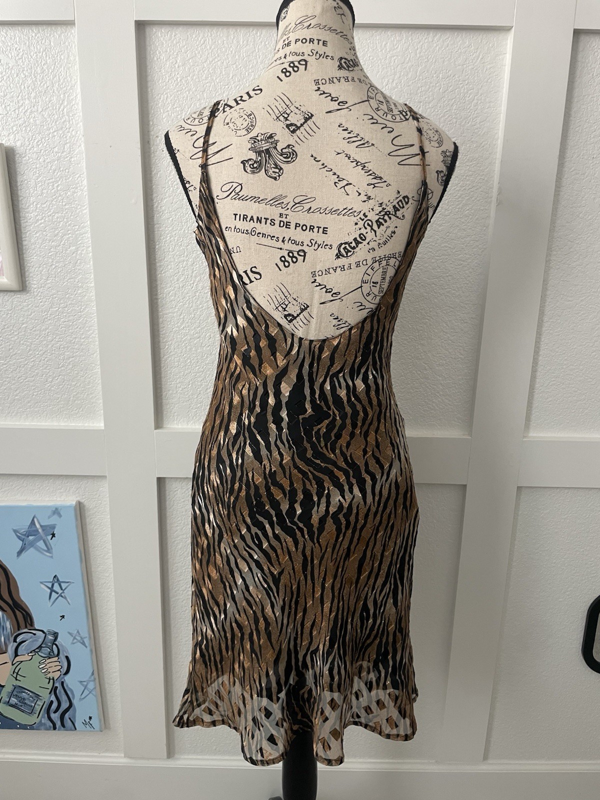 Vintage Mesmerize Brown & Black W/ Gold Tones Abstract Tiger Stripes Slip Dress