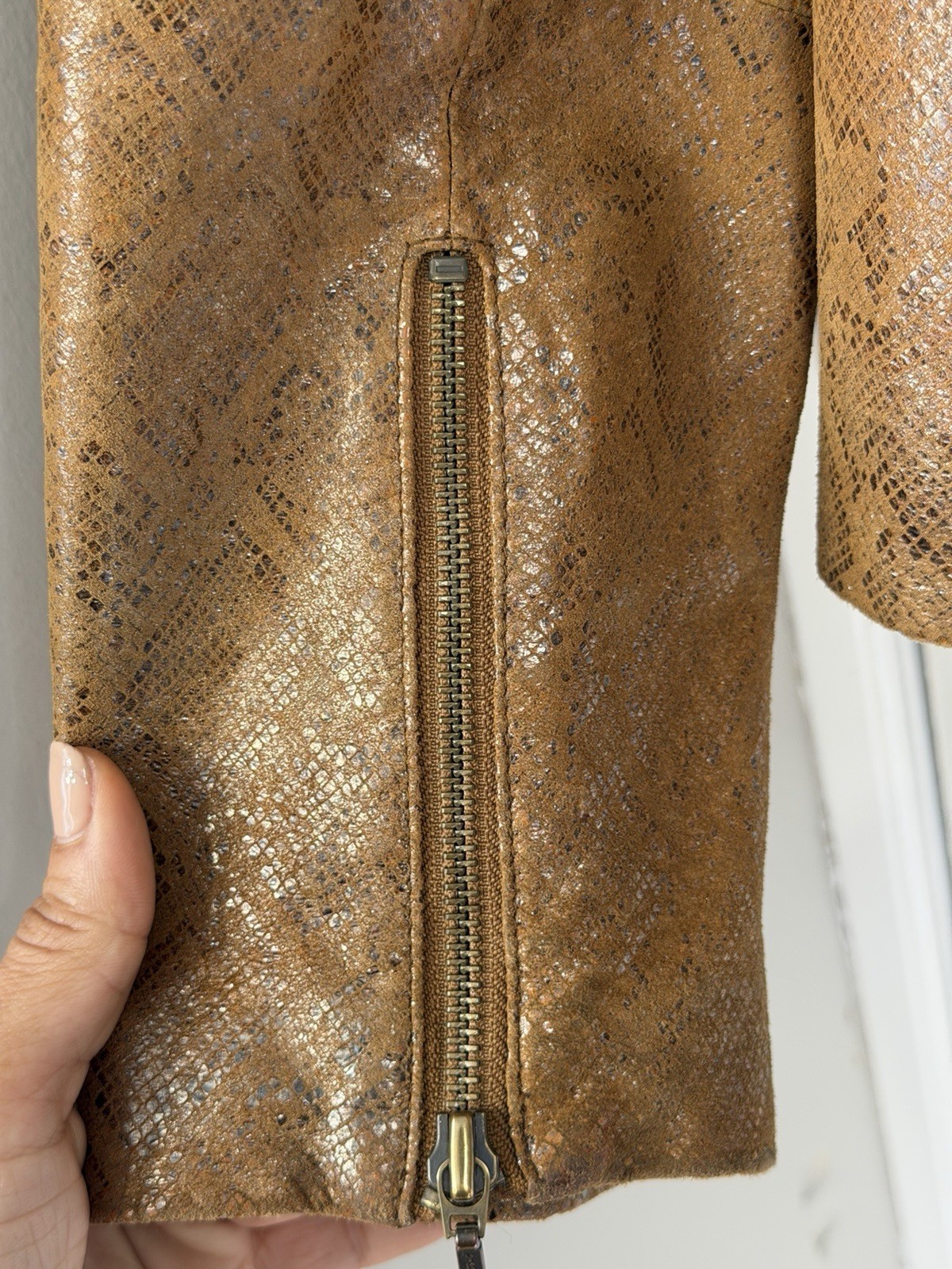 Vakko Printed Leather Jacket Bronze Snake Embossed Moto Y2K Size 8