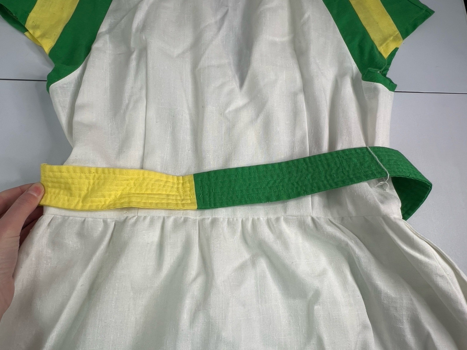 Vintage 60’s White Wrap Dress Green Yellow Striped Sleeves Belted Tag Sz 18