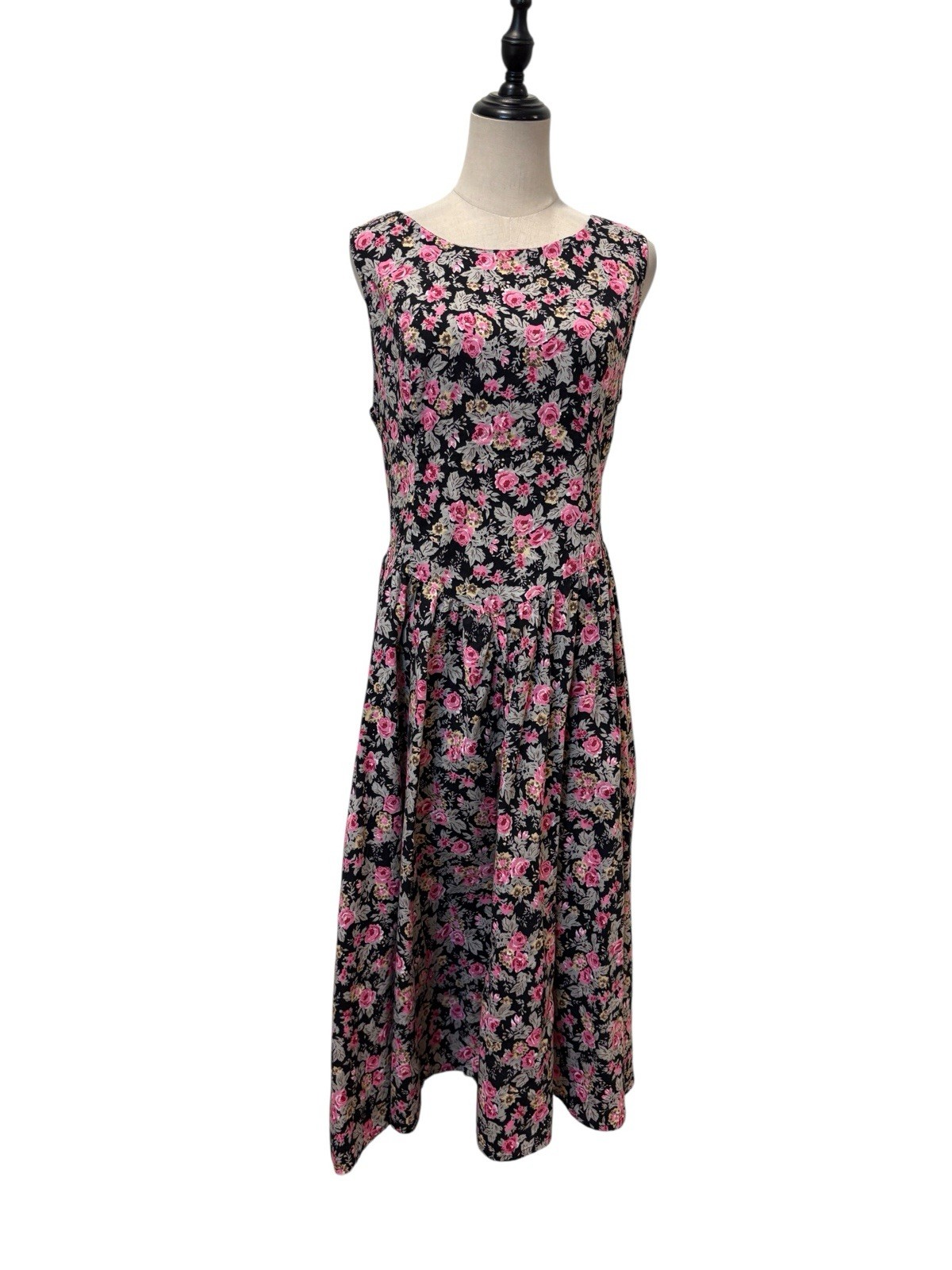 Vtg 90s Floral Midi Dress Black Pink Basque Waist Sz 13/14 Cotton Soft Grunge